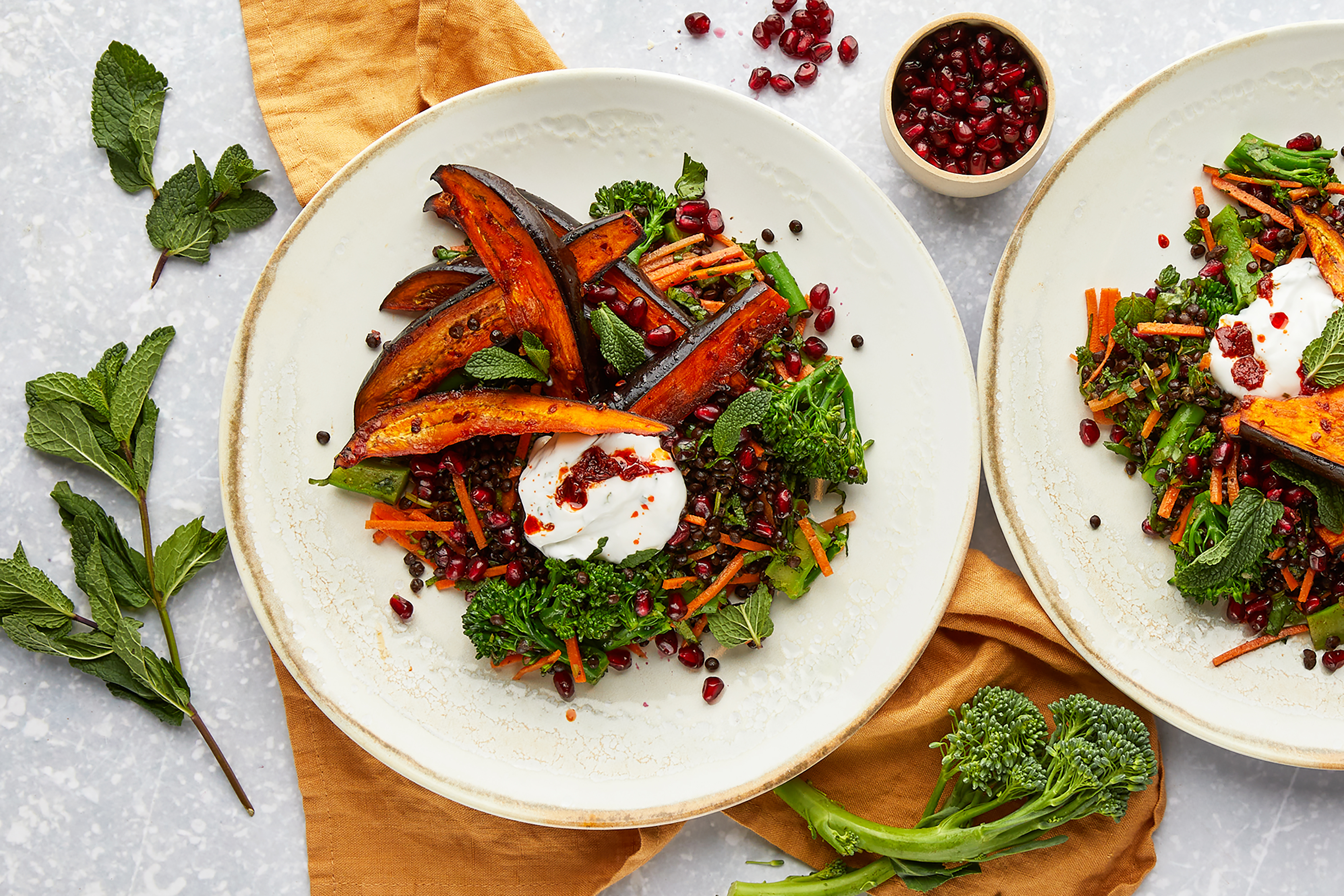Black Lentil Salad with Harissa Aubergine & Pomegranate