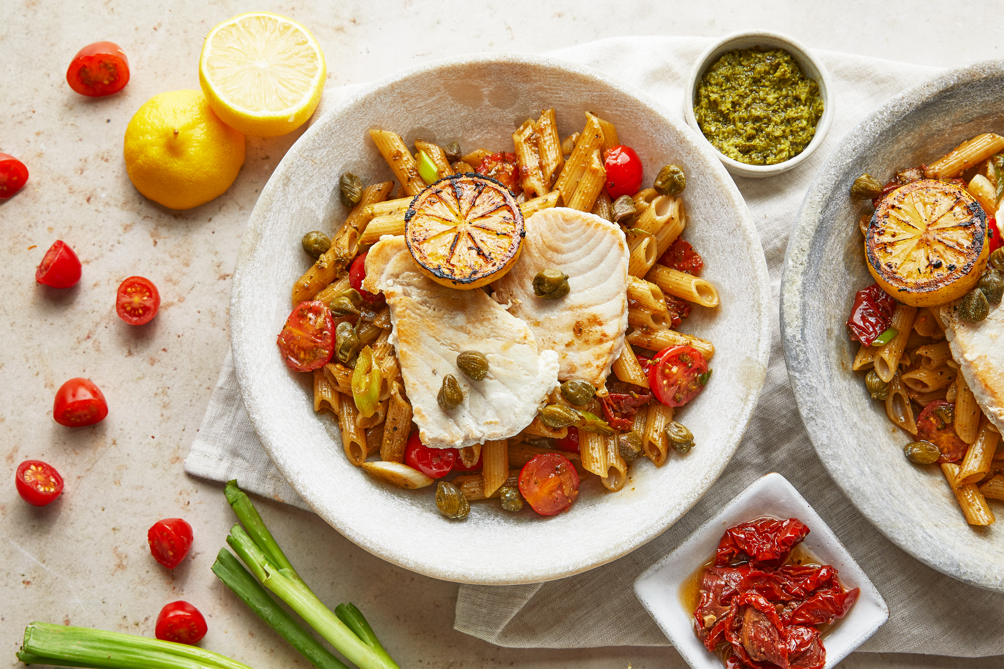 Tuna Steak with Tomato, Caper & Pesto Penne