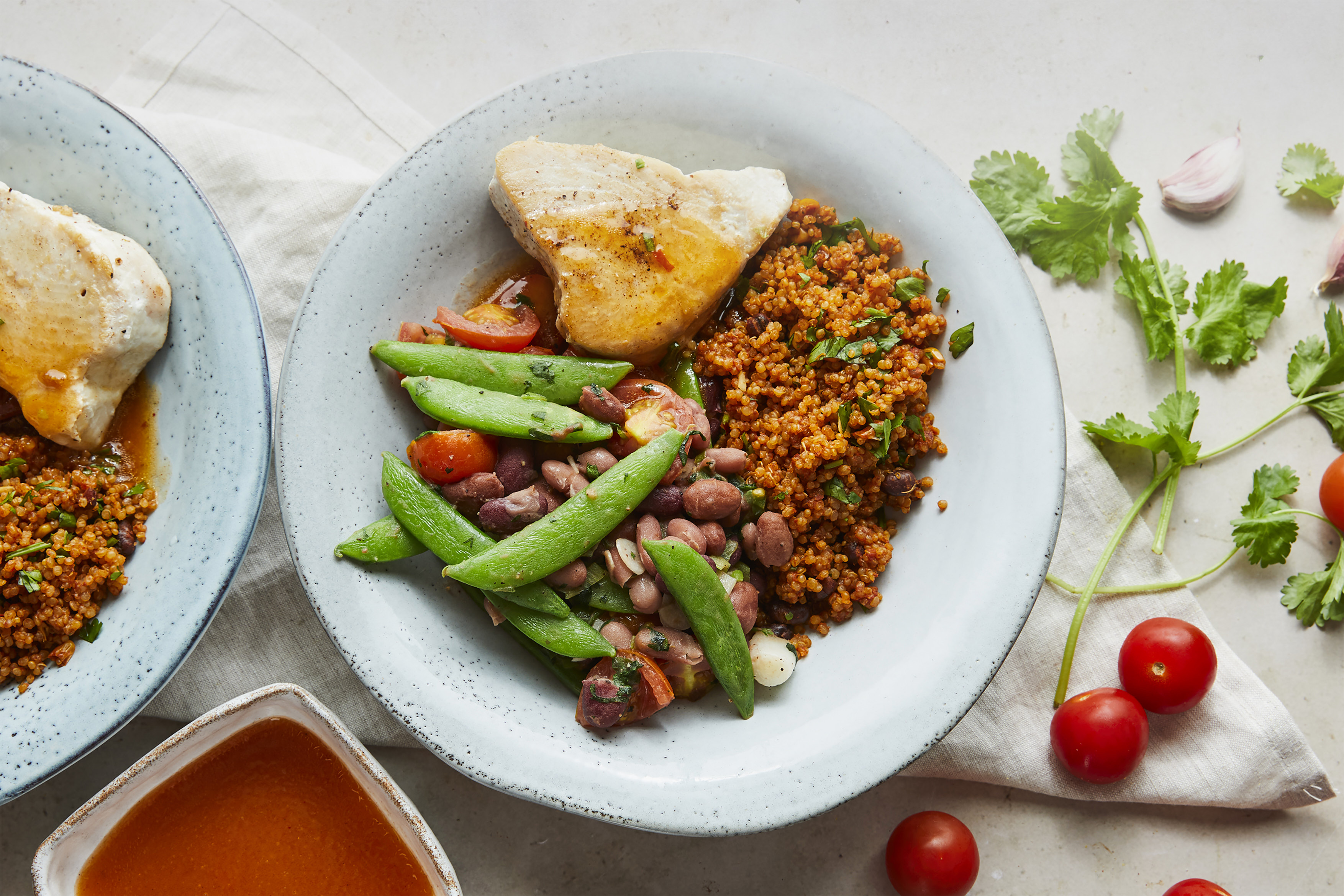 Tuna with mexican quinoa and mango and harissa dressing