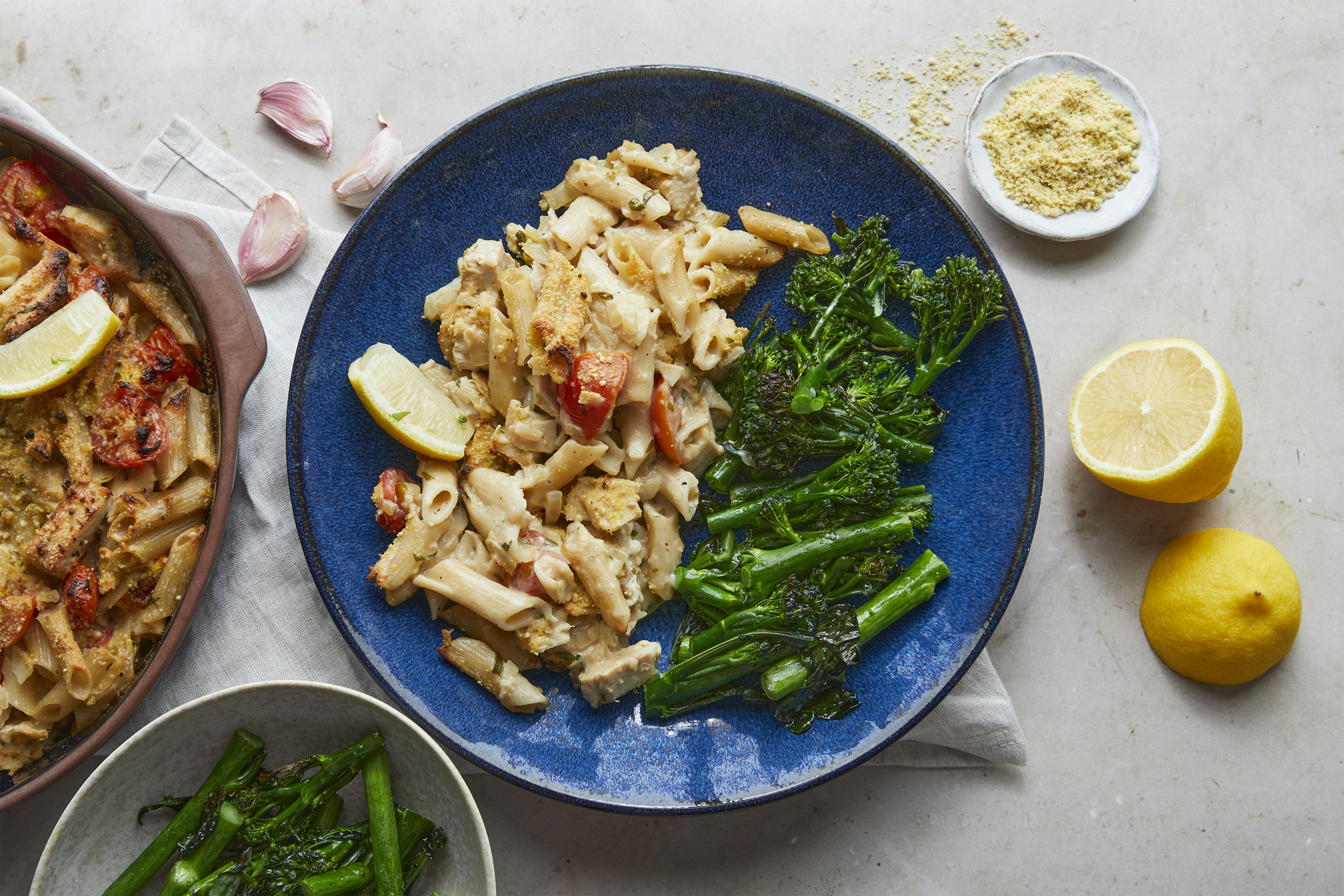 Tuna Pasta bake with roasted tenderstem