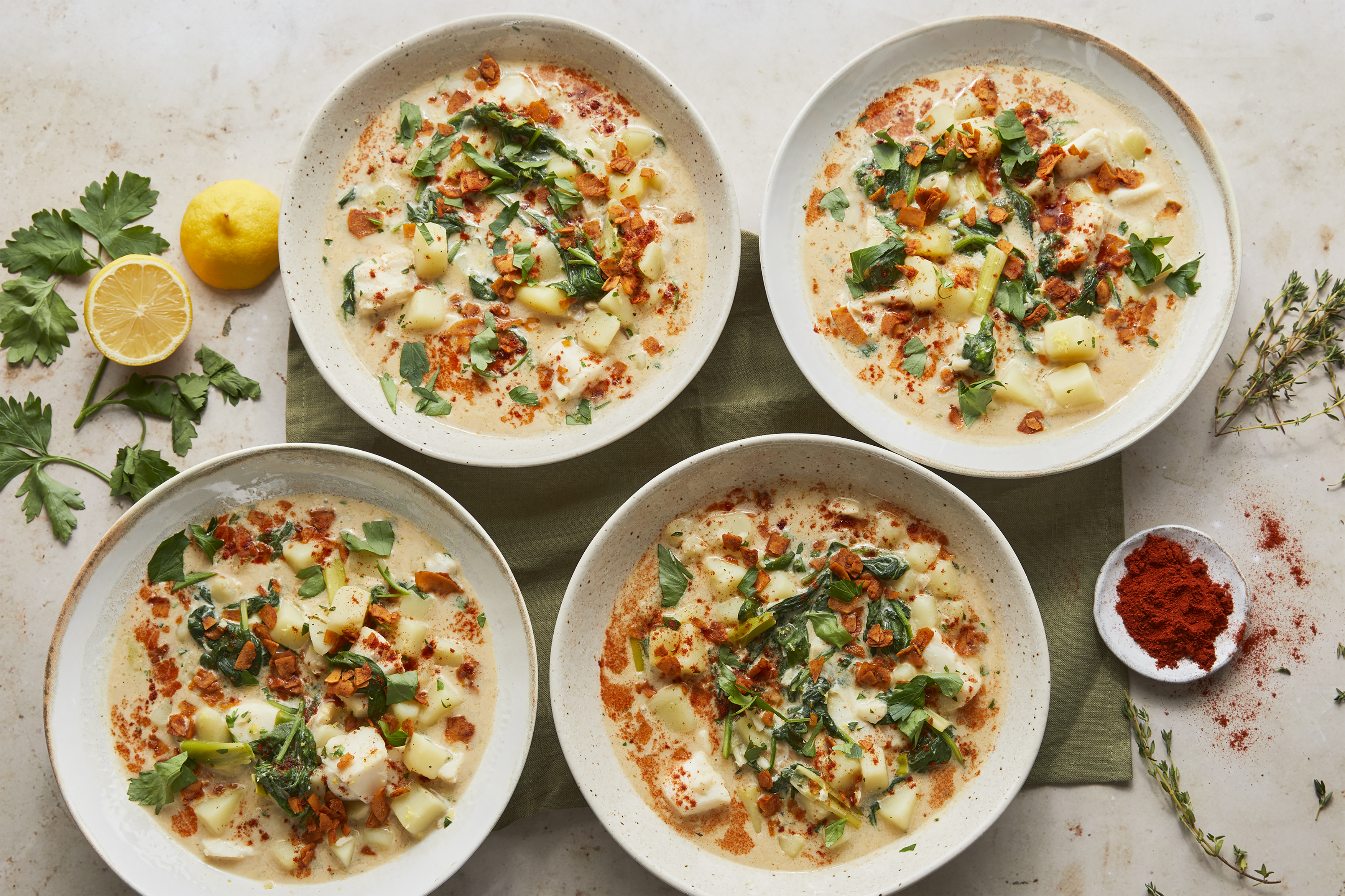 Creamy hake & green veg chowder