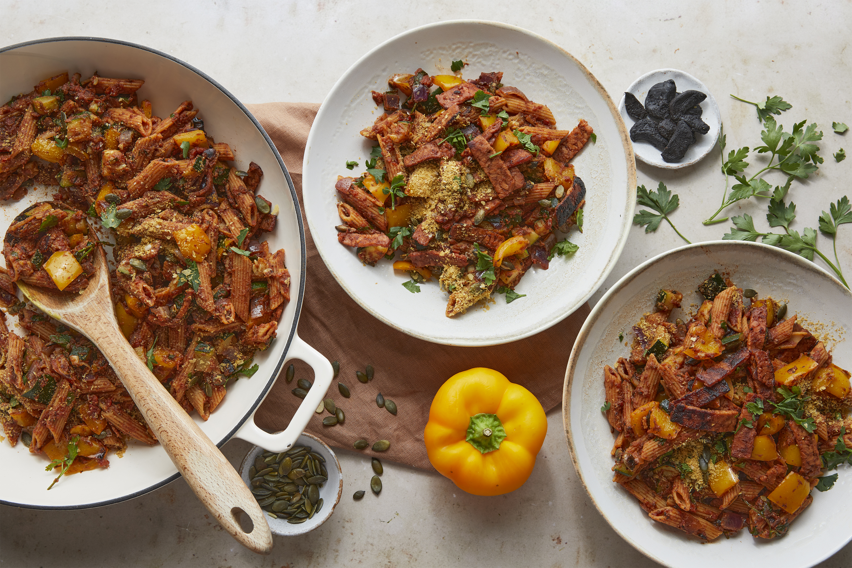Roasted Vegetable Penne Pasta with Tempeh Bacon