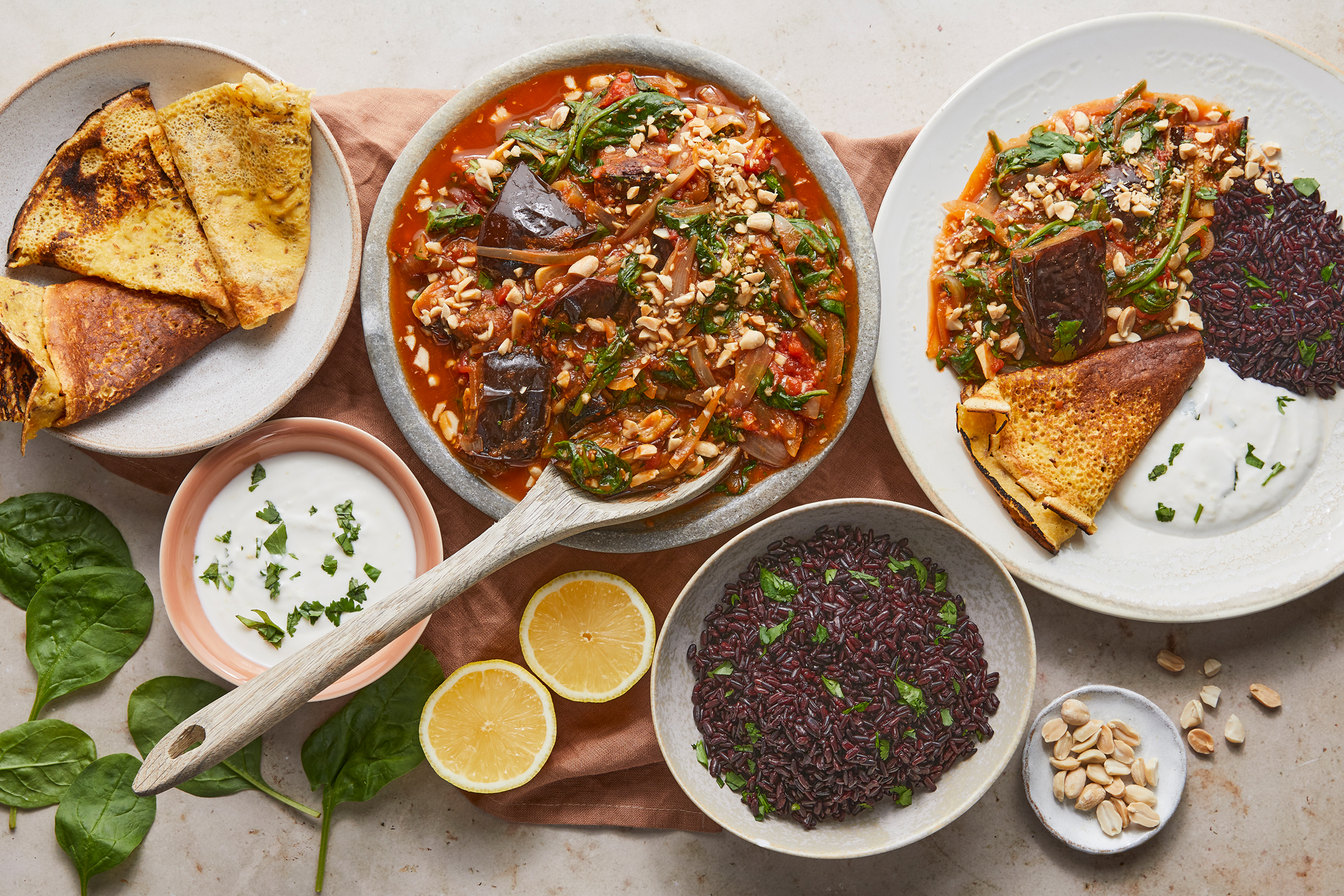 Burnt aubergine curry with toasty cumin pancakes