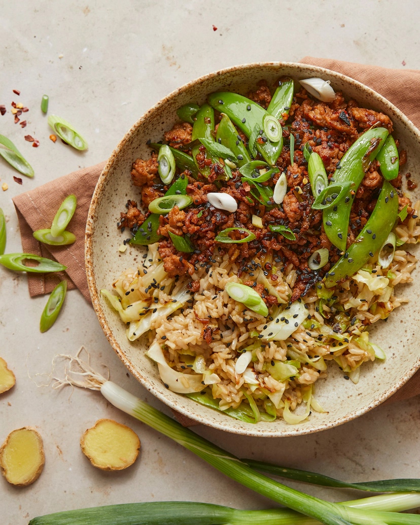 A fragrant, high-protein stir-fry, on the table in 20 mins. Starring free-range, British pork mince coated in sweet honey, umami miso and fiery chilli for a kick. Serve alongside crispy cabbage fried rice and mangetout for greens. Finish with a sprinkle of sesame seeds for the perfect crunch.
