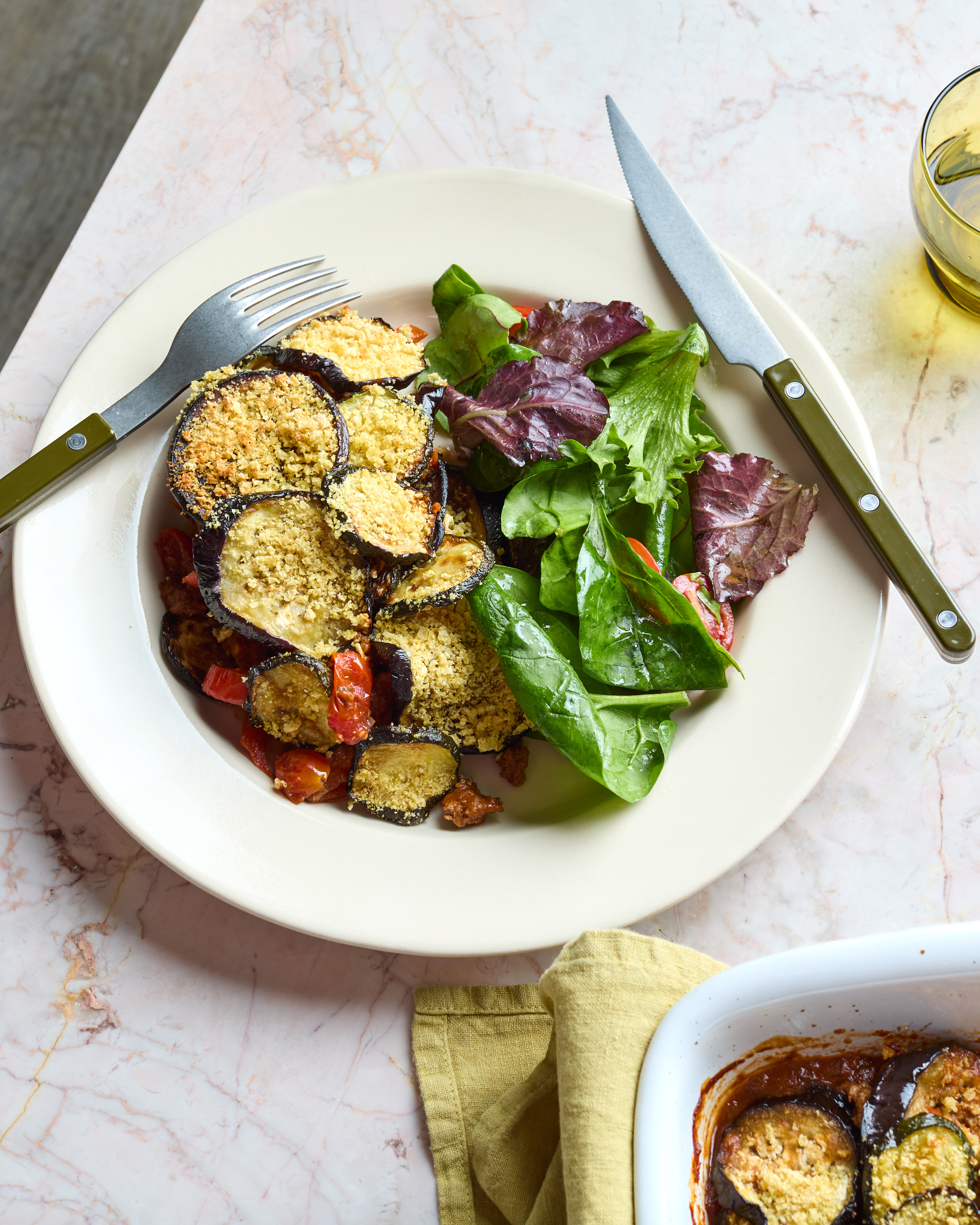 Beef & Aubergine Bake with Crispy Garlic Crumb & Tomato Salad