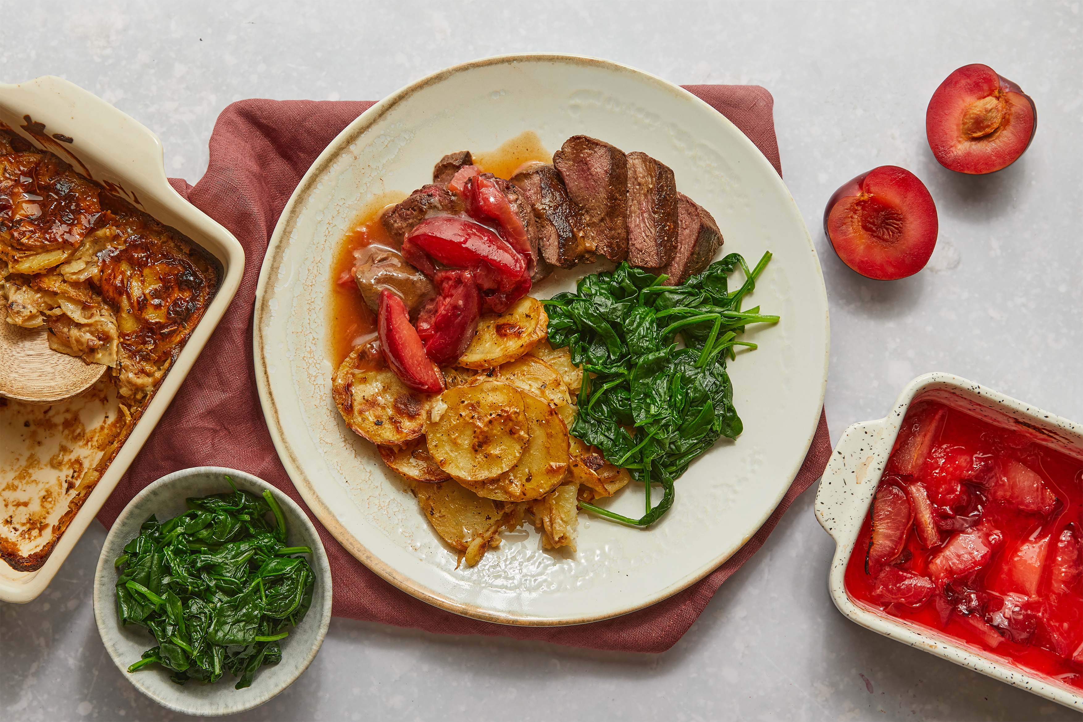 Rump Steak with Roasted Plums & Dauphinoise