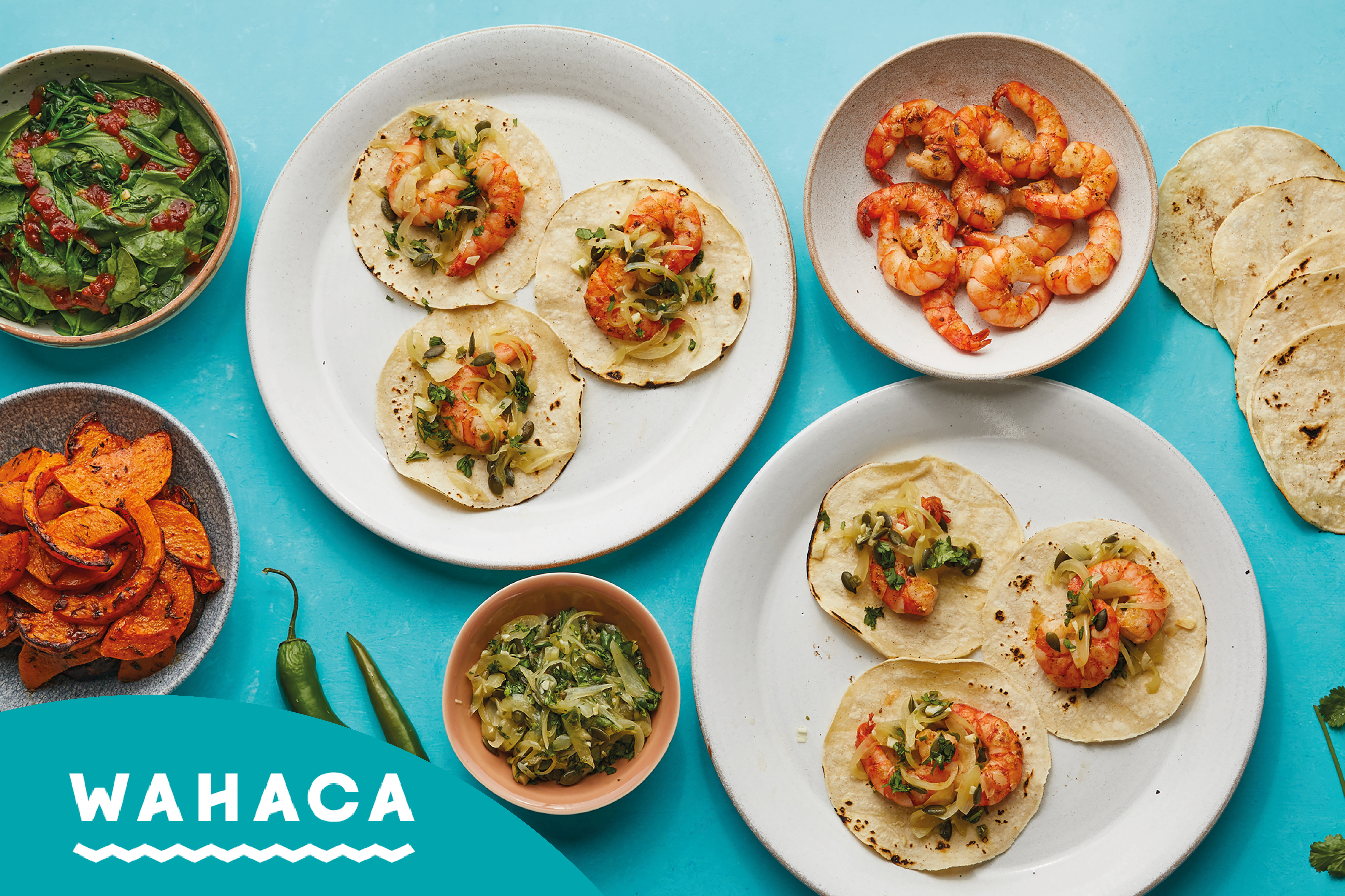 Prawn & pumpkin seed salsa tacos with smoky squash