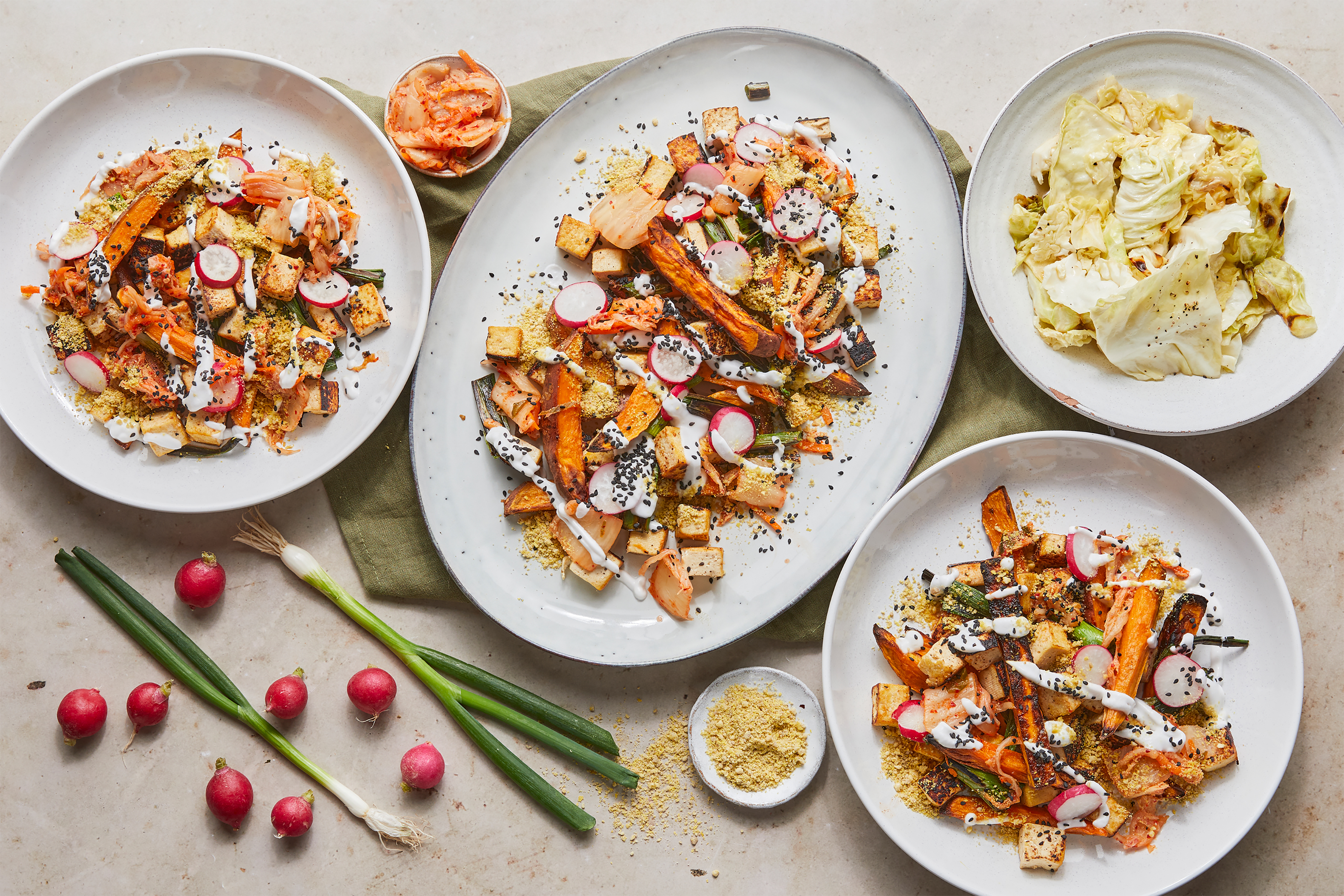 Sweet Potato Fries with Crispy Tofu & Kimchi