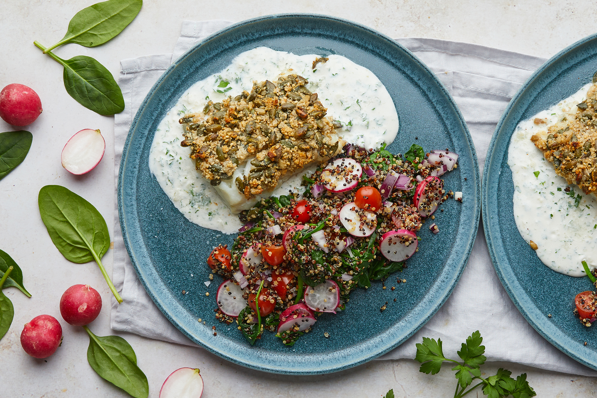 Seeded Cod, Garlic Cream Sauce & quinoa salad