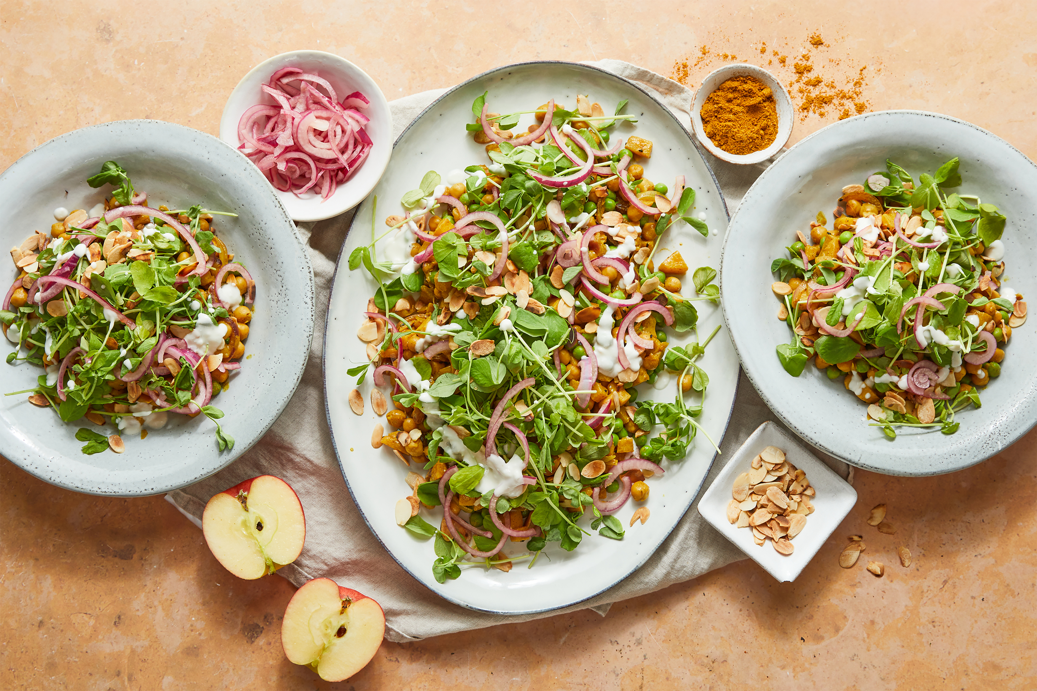 Warm Coronation Chickpeas & Quick Pickled Onion