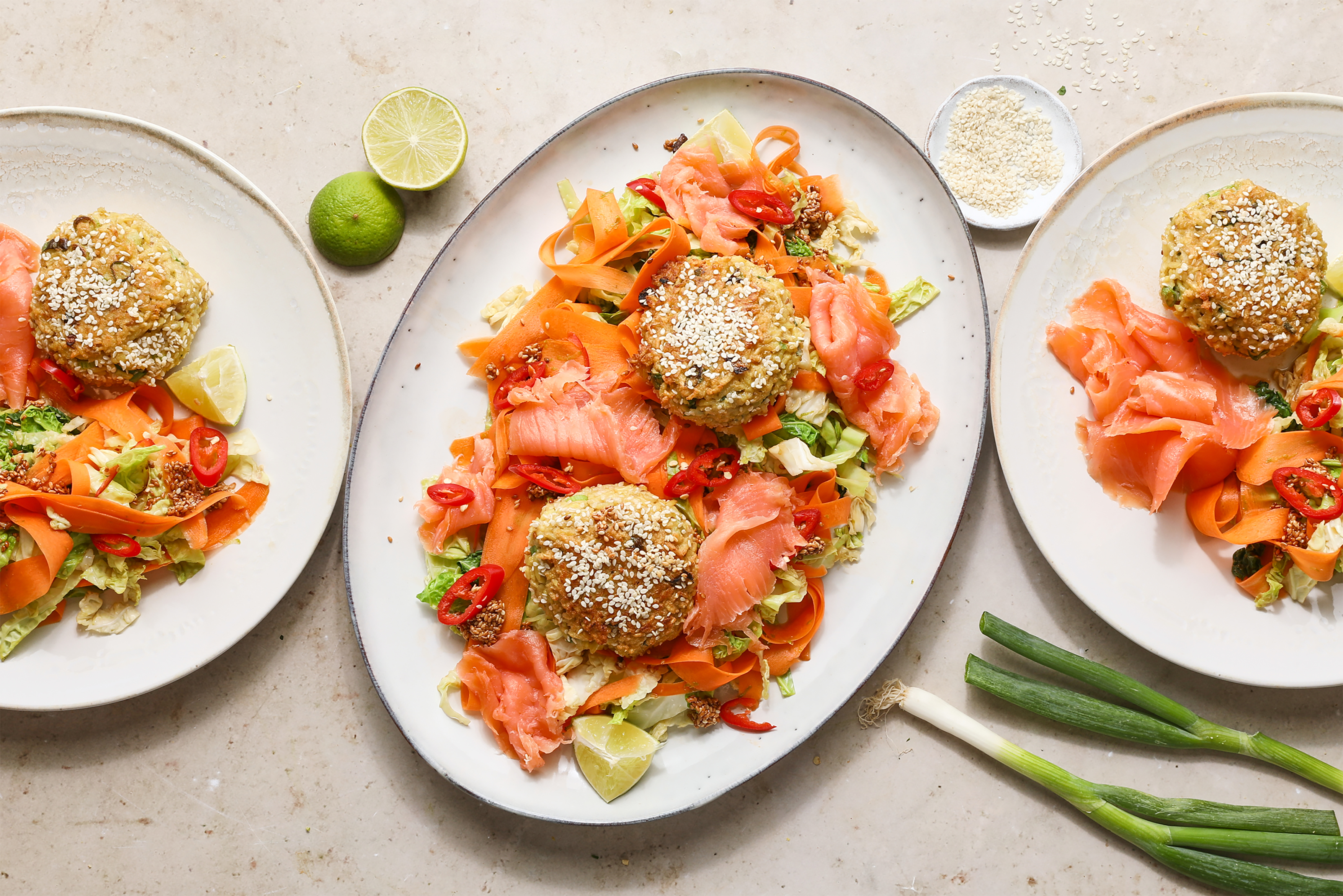 Smoked Salmon with Sesame Rice Cakes & Tamari Cabbage