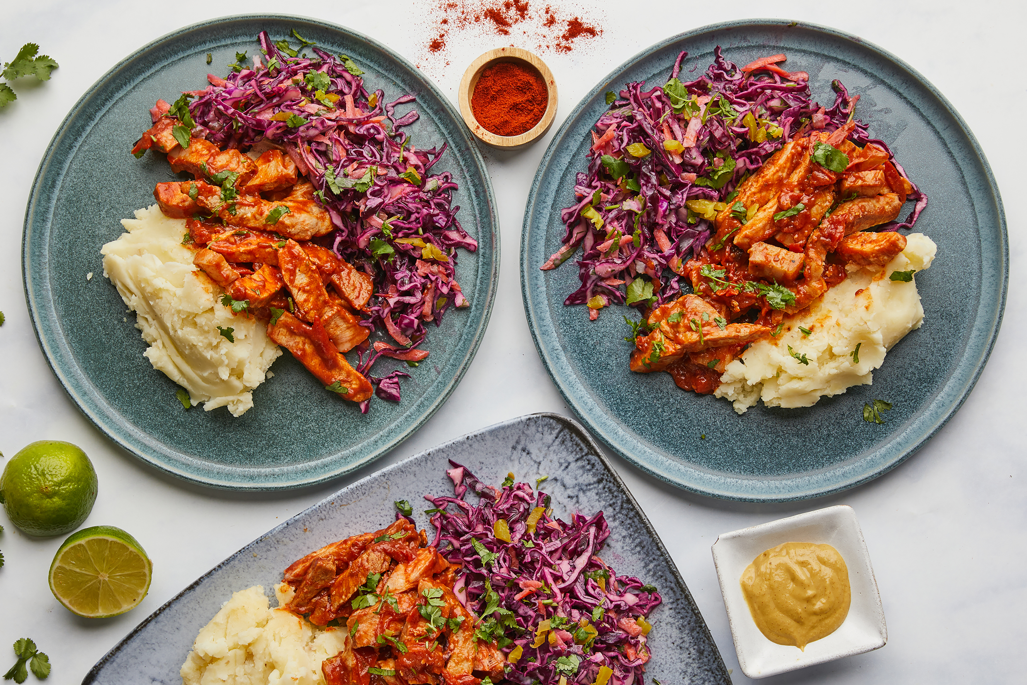 BBQ Pork Loins with Mash & Jalapeño Slaw