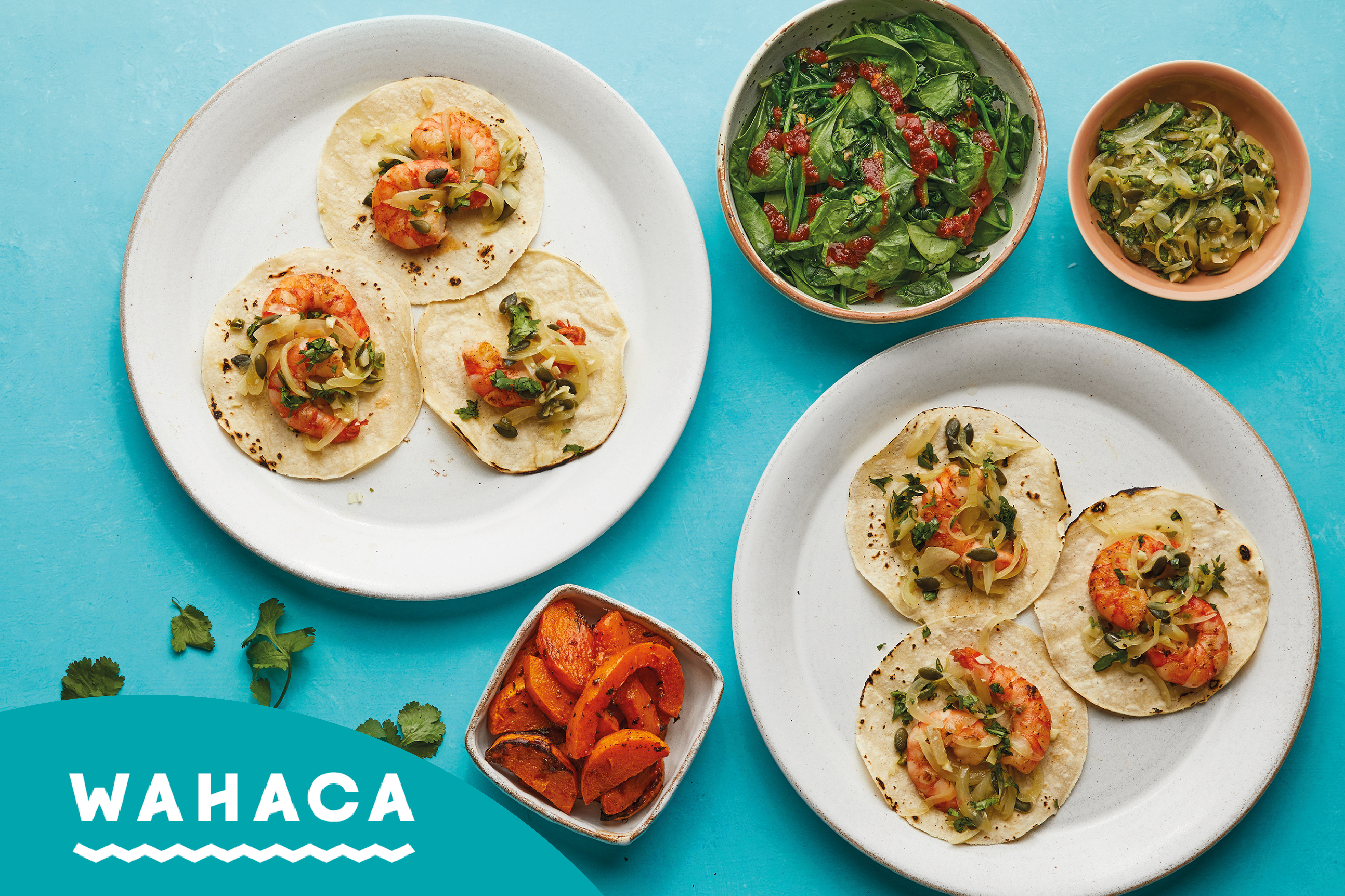 Prawn & pumpkin seed salsa tacos with smoky squash