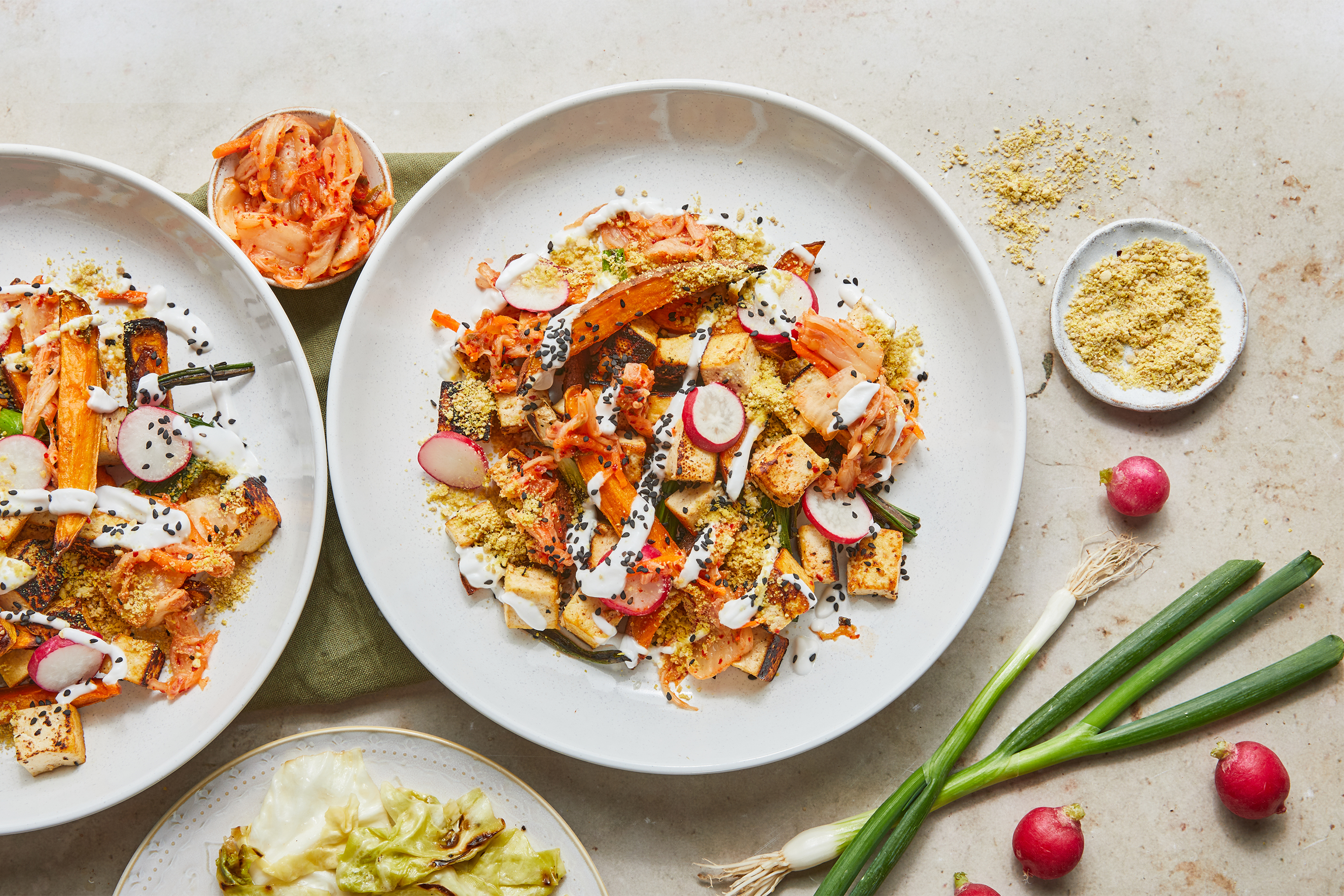 Sweet Potato Fries with Crispy Tofu & Kimchi