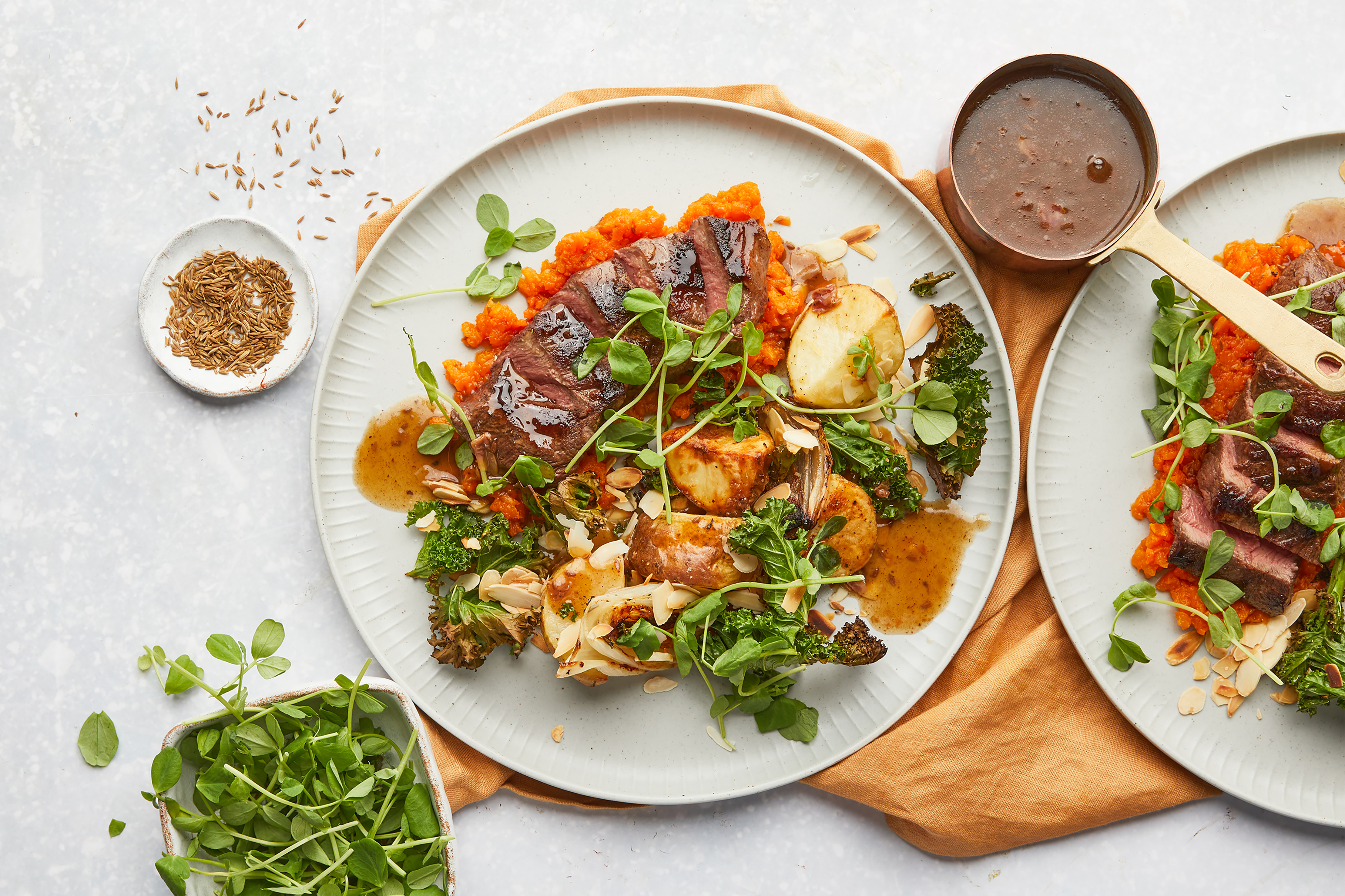 Flat Iron Steak with Roasties & Carrot Mash