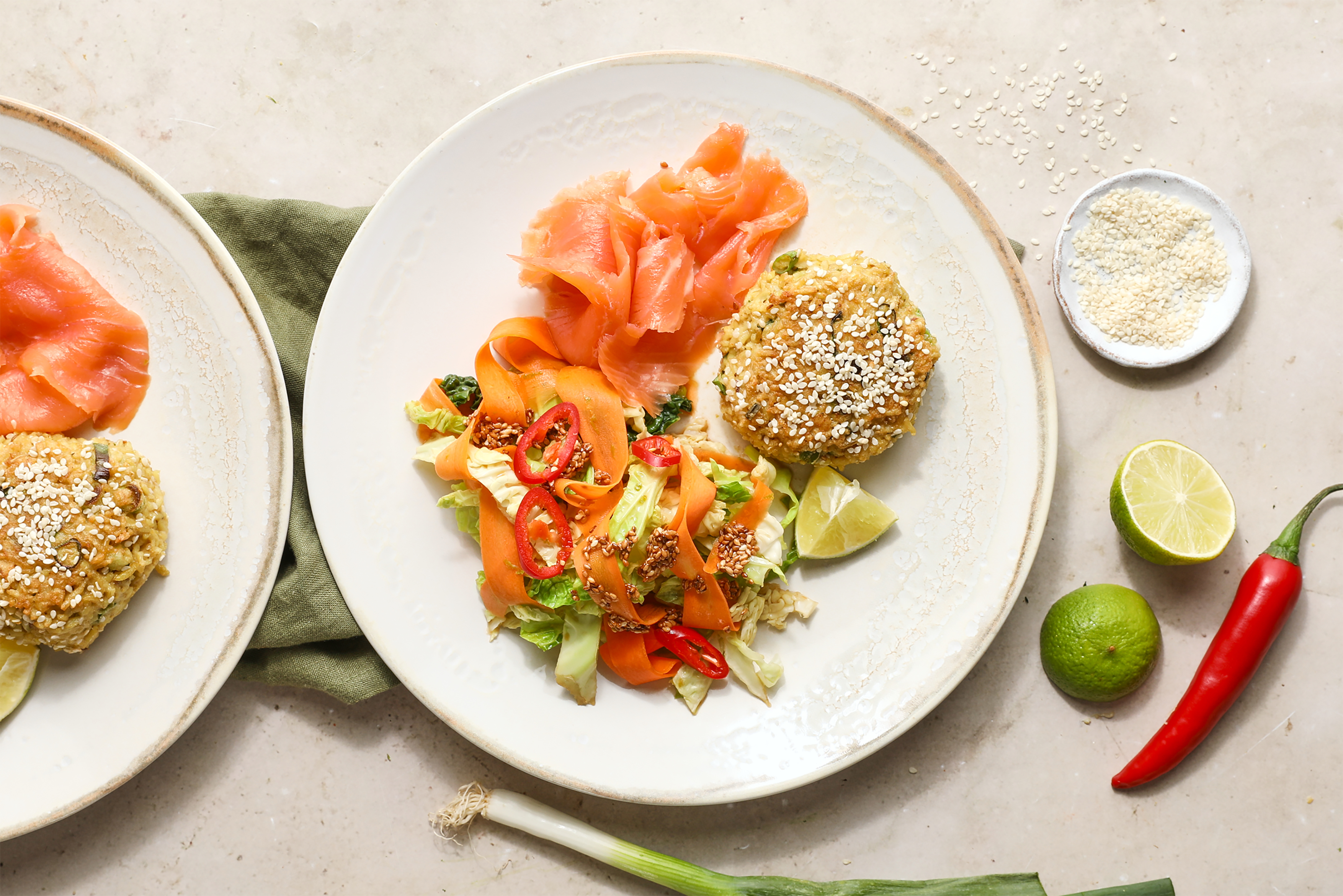 Crispy Sesame Rice Cakes with Smoked Salmon & Slaw