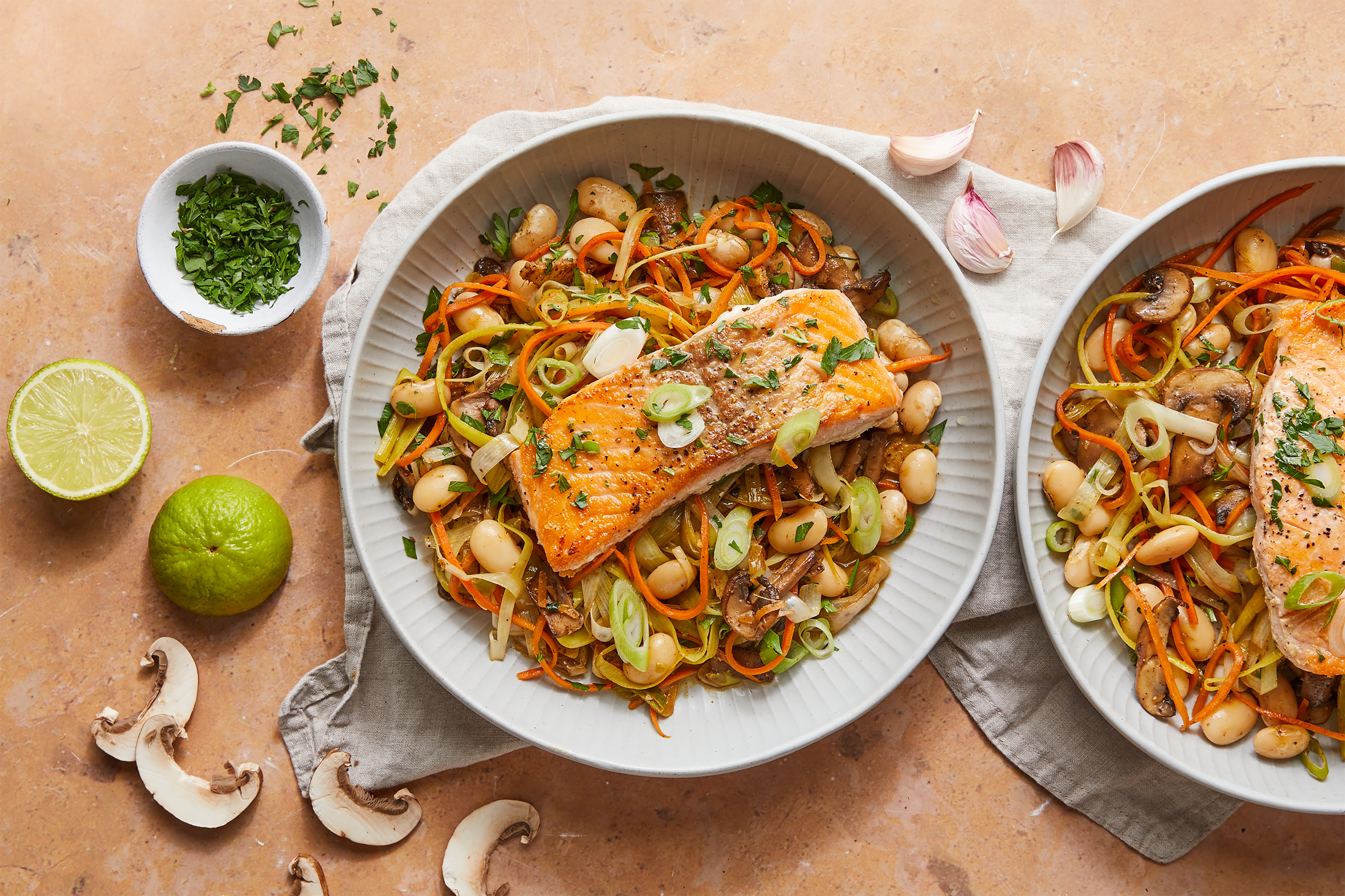 Seared salmon with leek & butter bean stir-fry