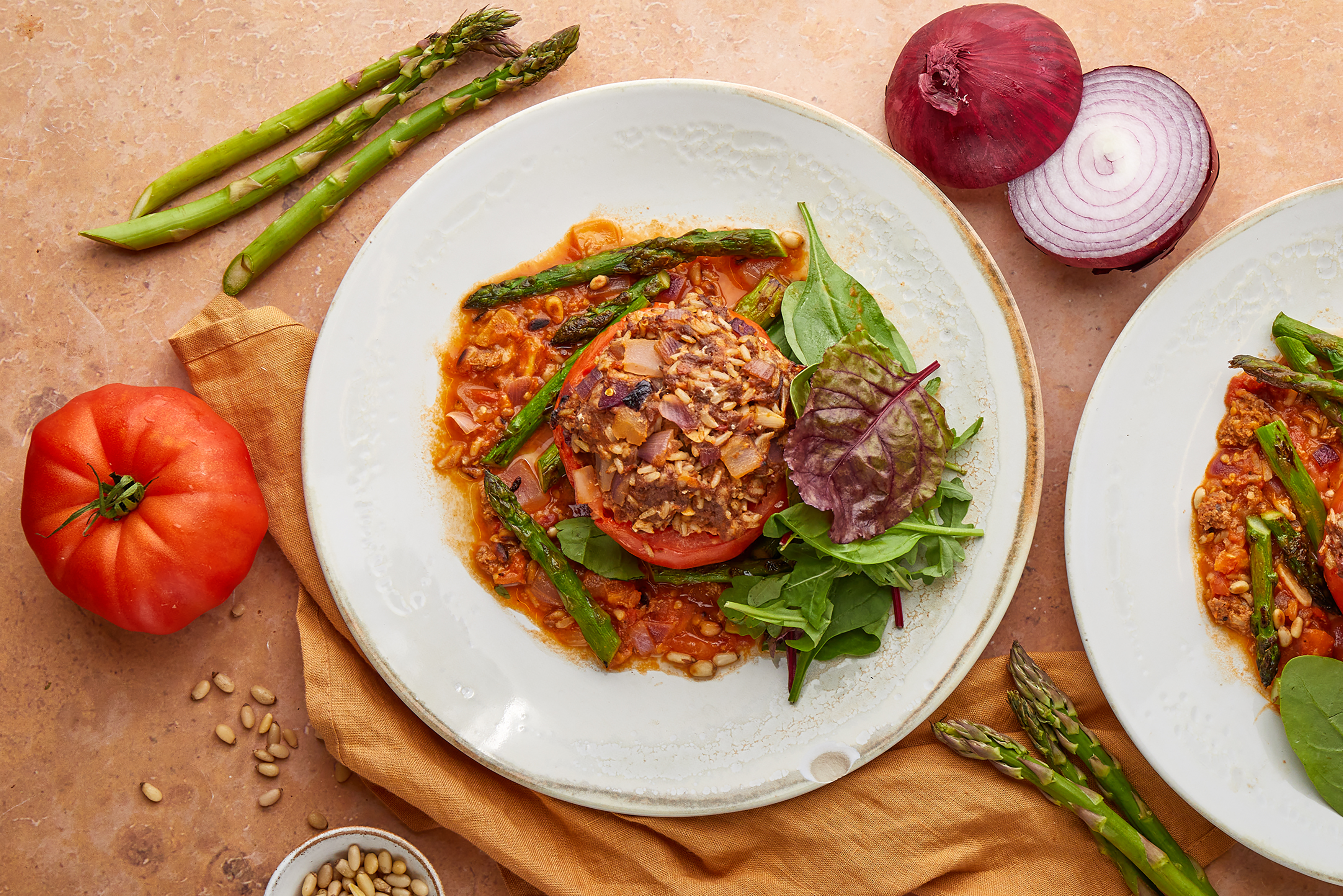 Beef Mince Stuffed Tomatoes & Grilled Asparagus