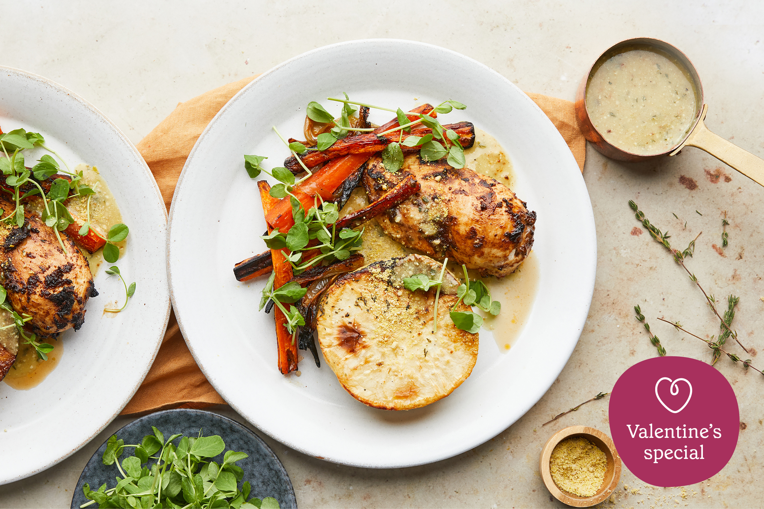 Black garlic chicken with celeriac fondant & roasted veg