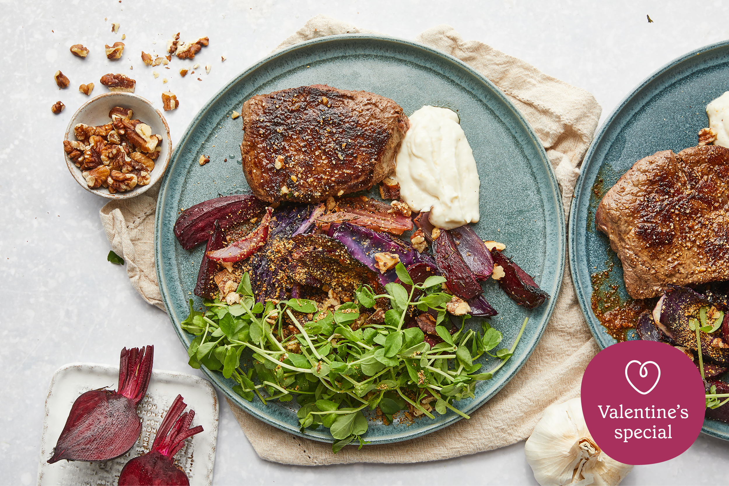 Balsamic steak, roasted beetroot & garlic yoghurt dressing
