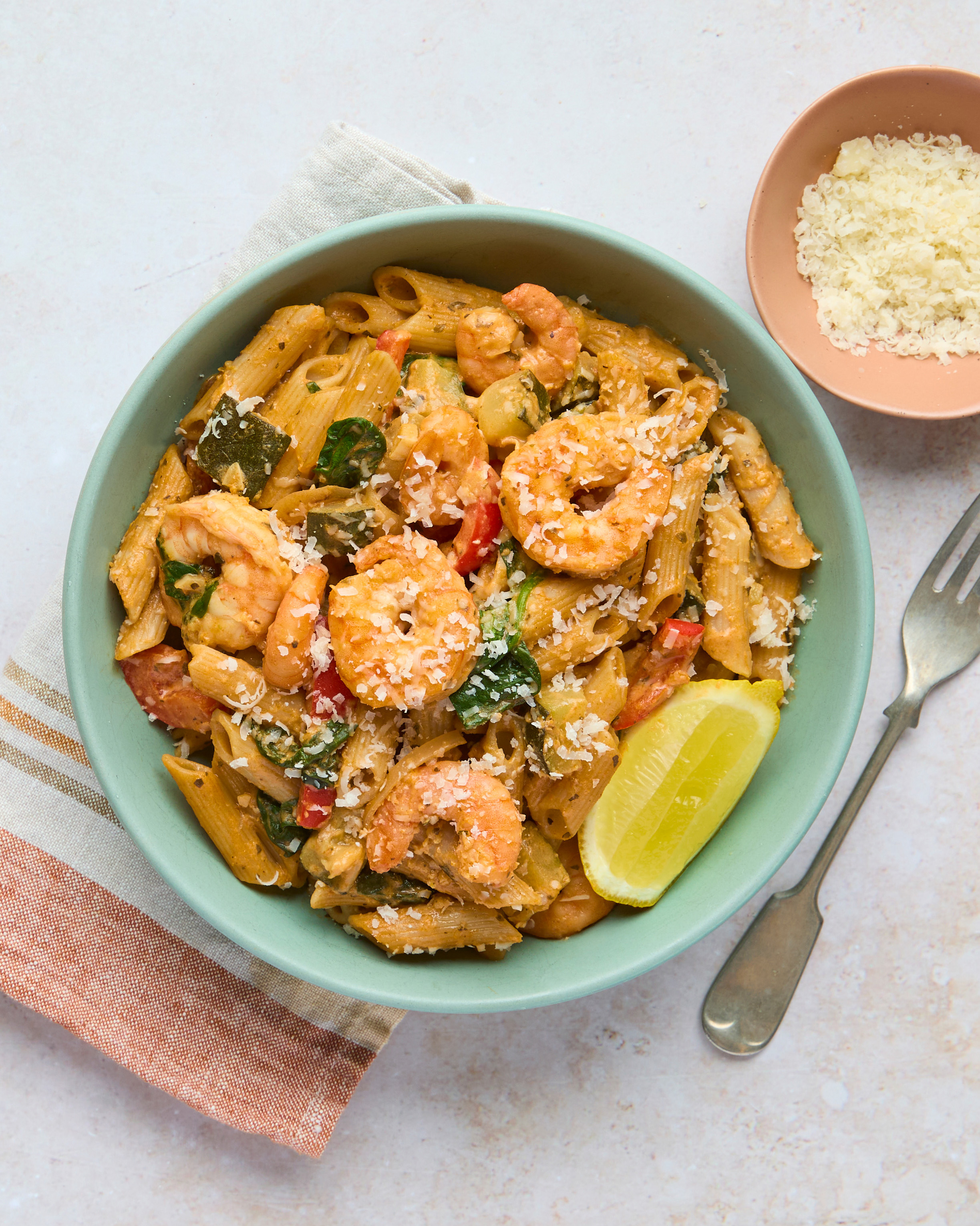 Tuscan-style King Prawn Pasta with Brown Rice Penne, Courgette & Sundried Tomato Sauce