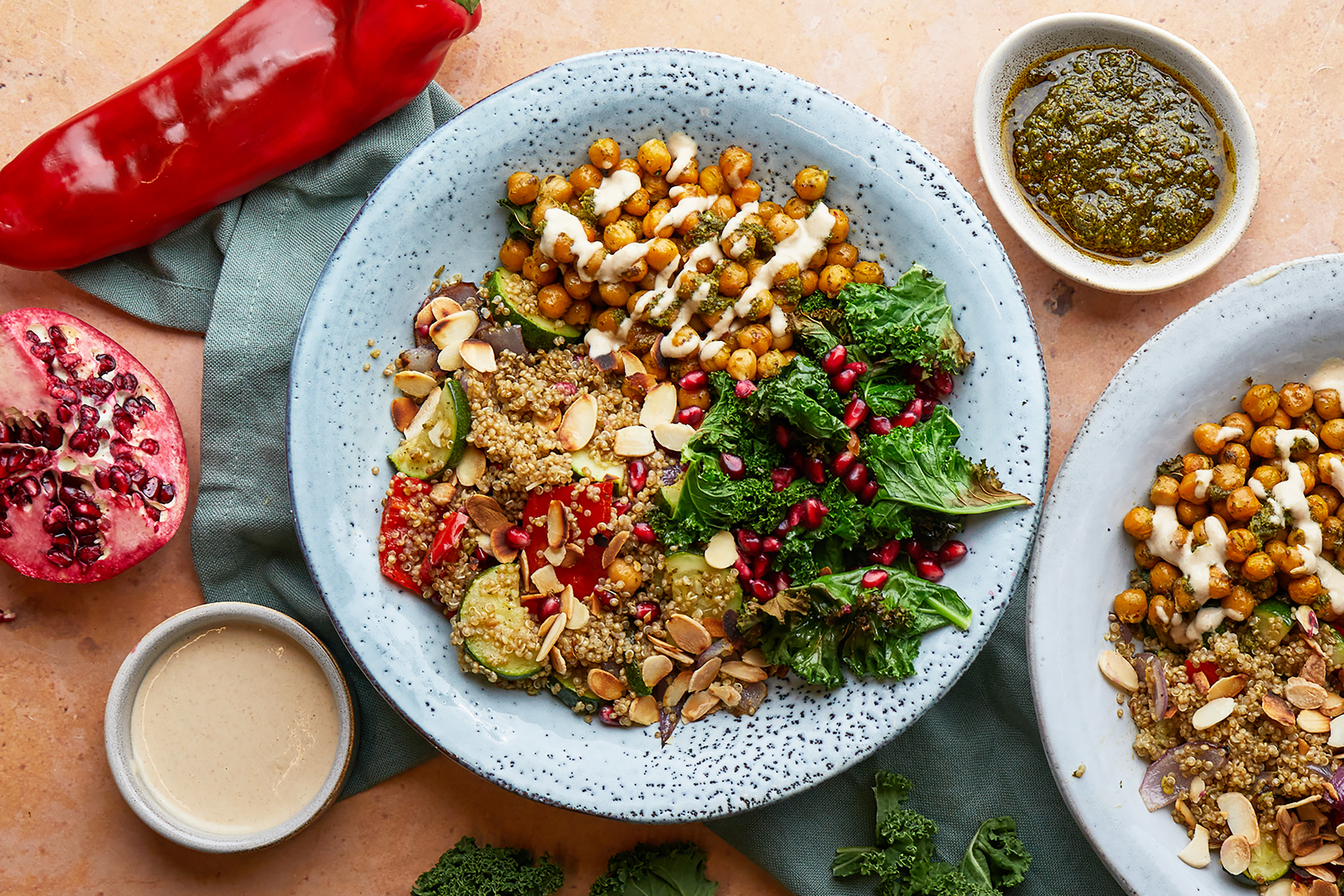 Green Harissa Chickpeas, Quinoa Salad & Tahini Drizzle