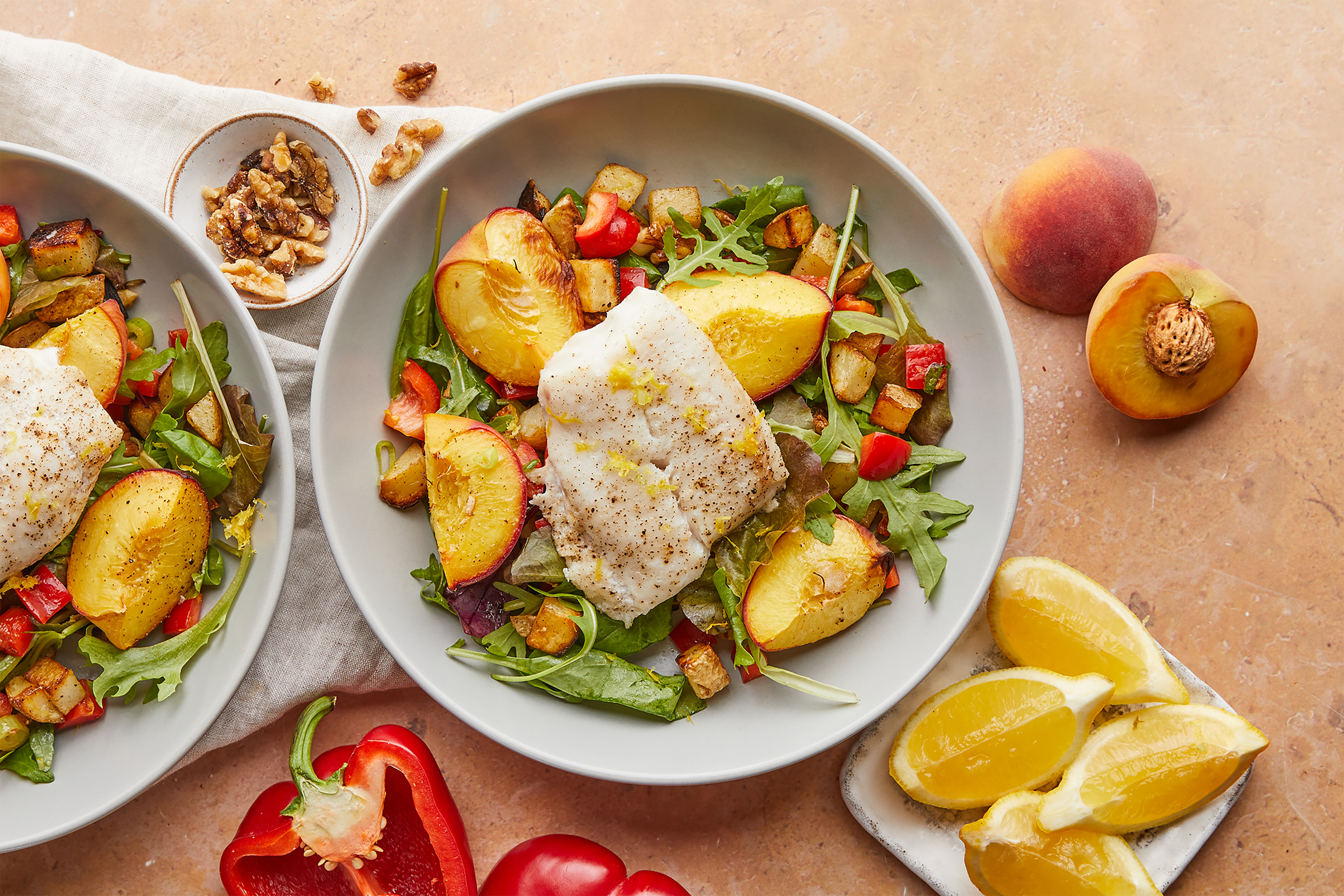 Hake & Nectarine Salad with Garlicky Potatoes