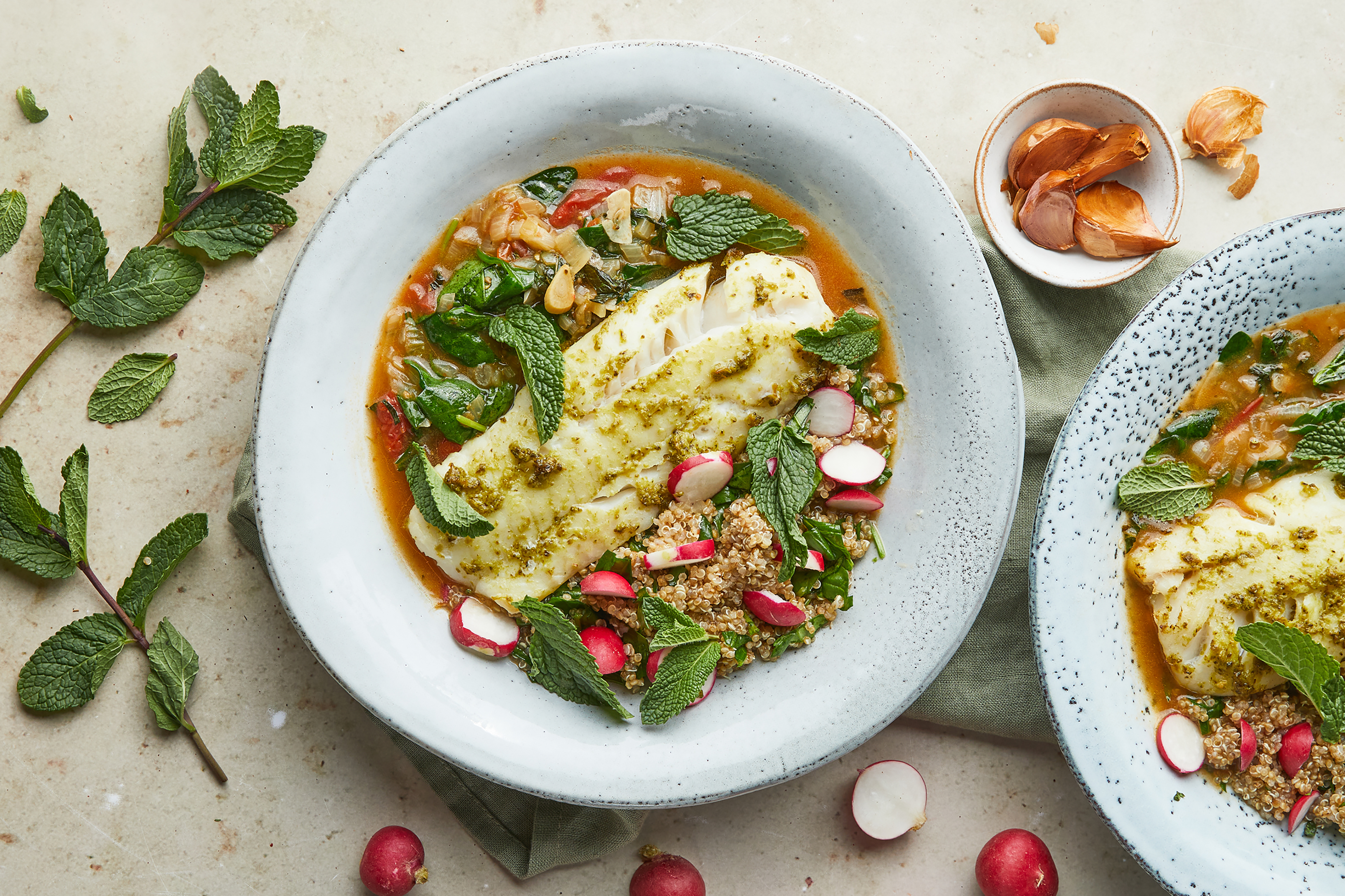 Baked Pesto Cod with Tomato Broth & Quinoa Salad