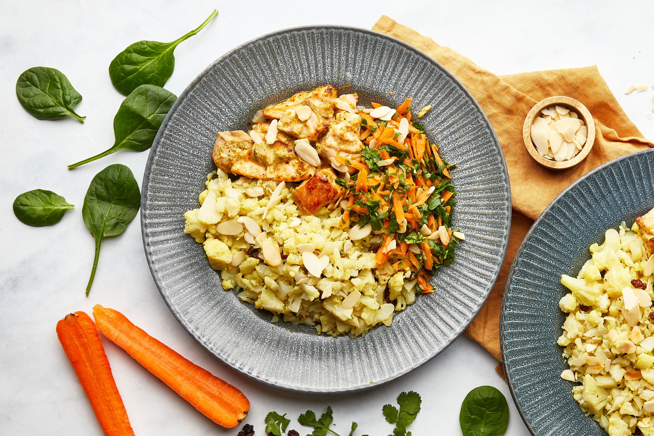 Grilled Goan Salmon, Carrot Salad & Caulirice