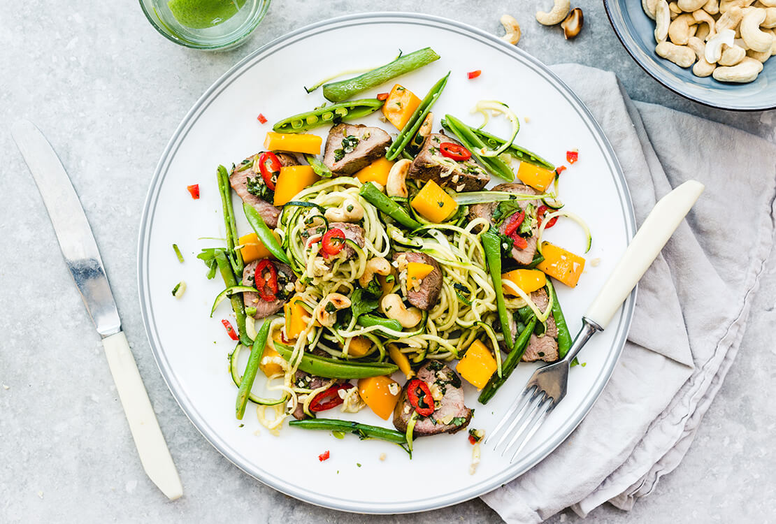 Honey Glazed Duck with Wide Brown Rice Noodles, Mango & Cashew Satay Sauce