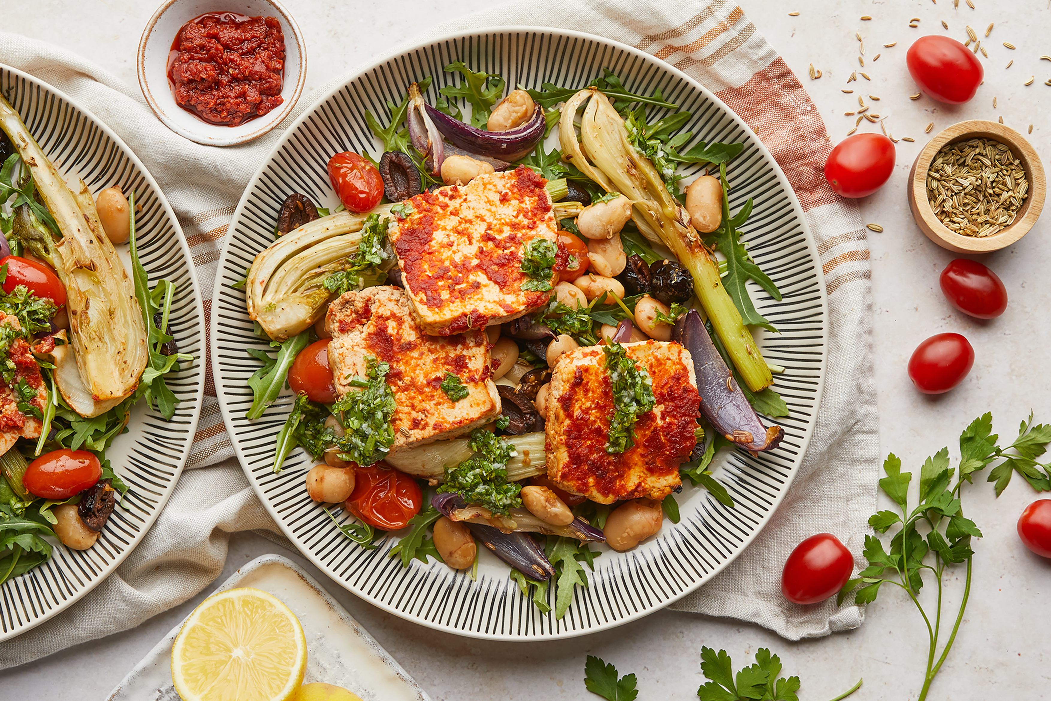Mediterranean tofu & butter bean traybake
