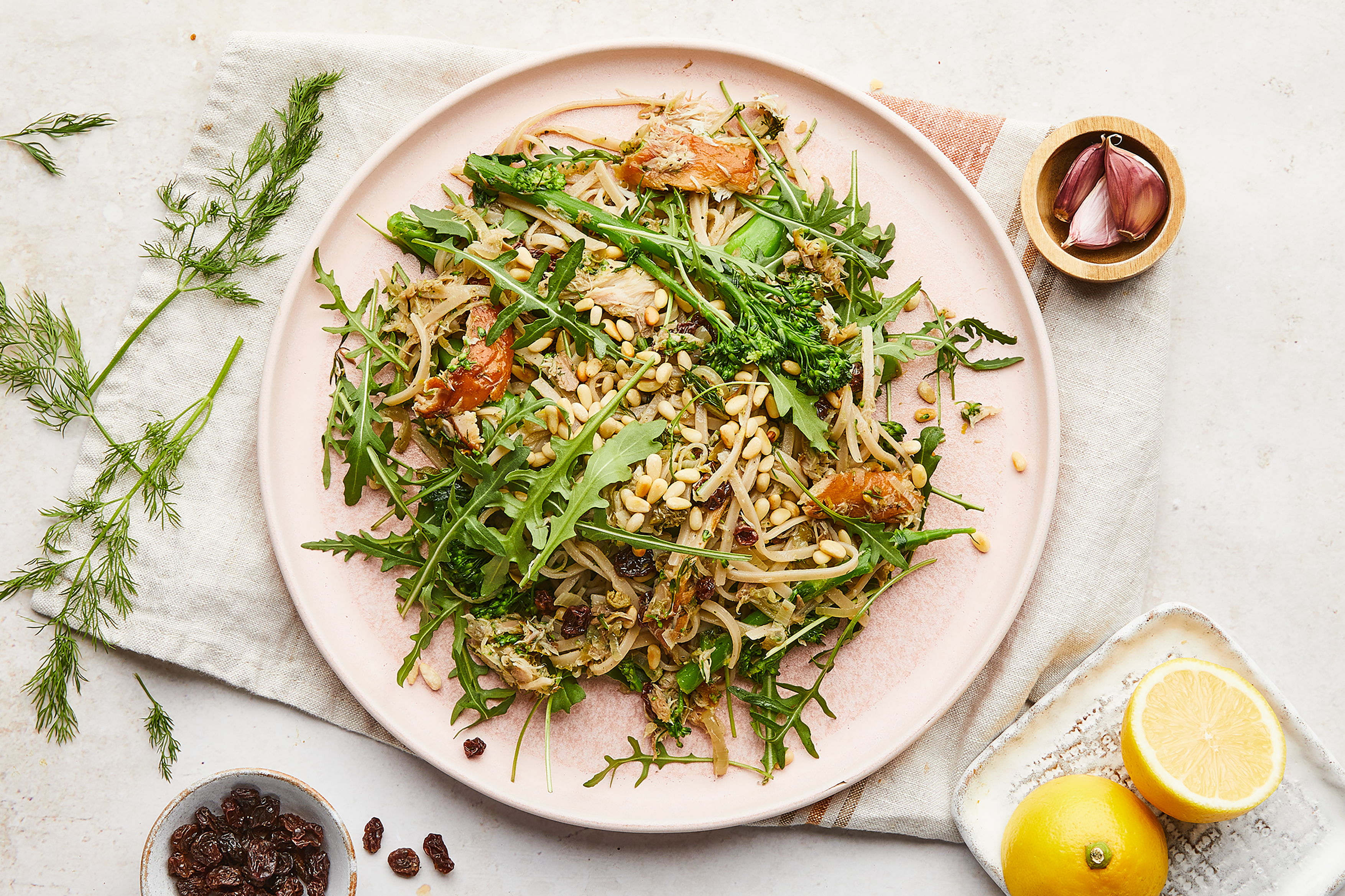 Hot-smoked Salmon Noodles with Dill & Raisins