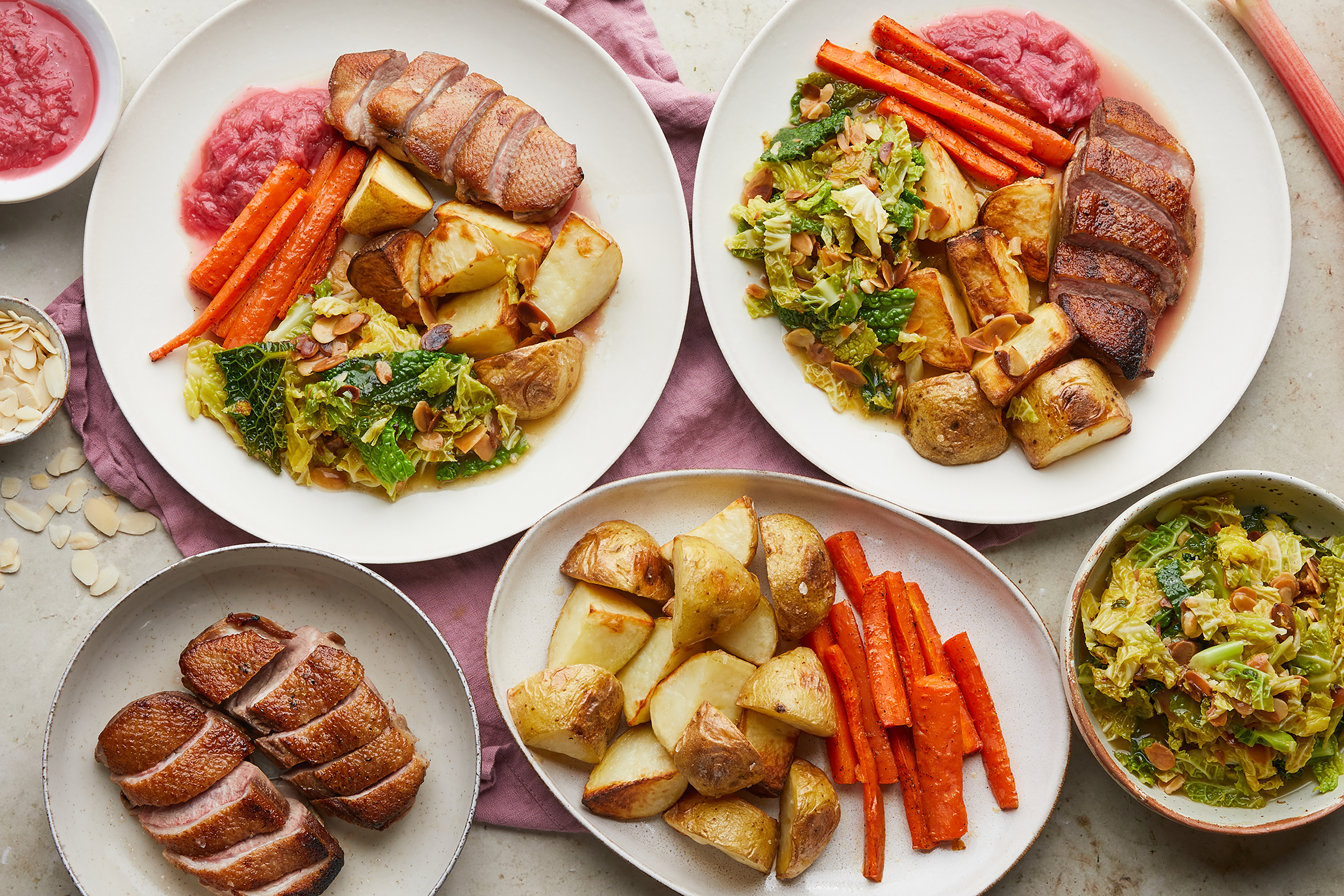 Roasted duck dinner with rhubarb compote
