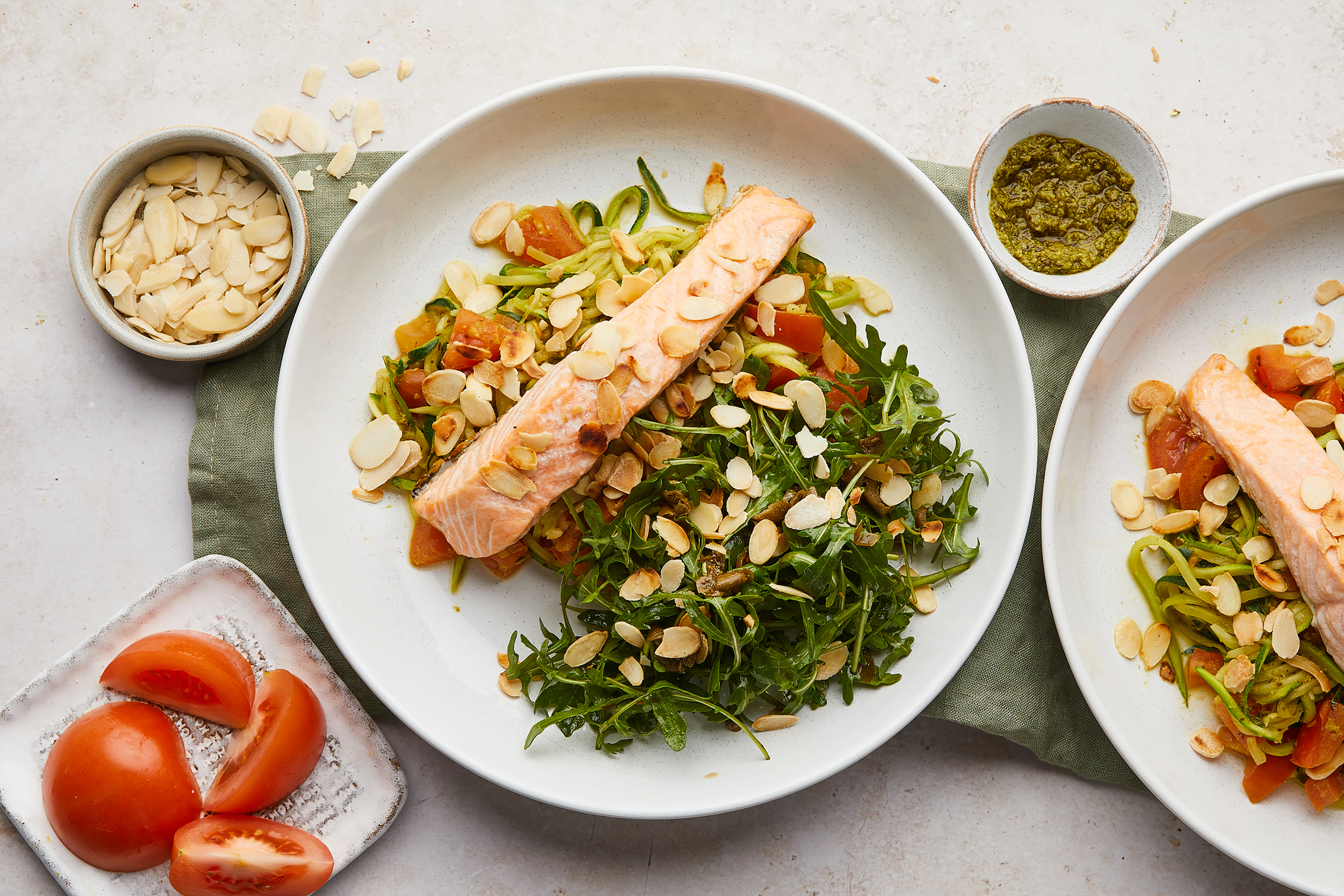 Salmon with Pesto Courgetti & Almonds