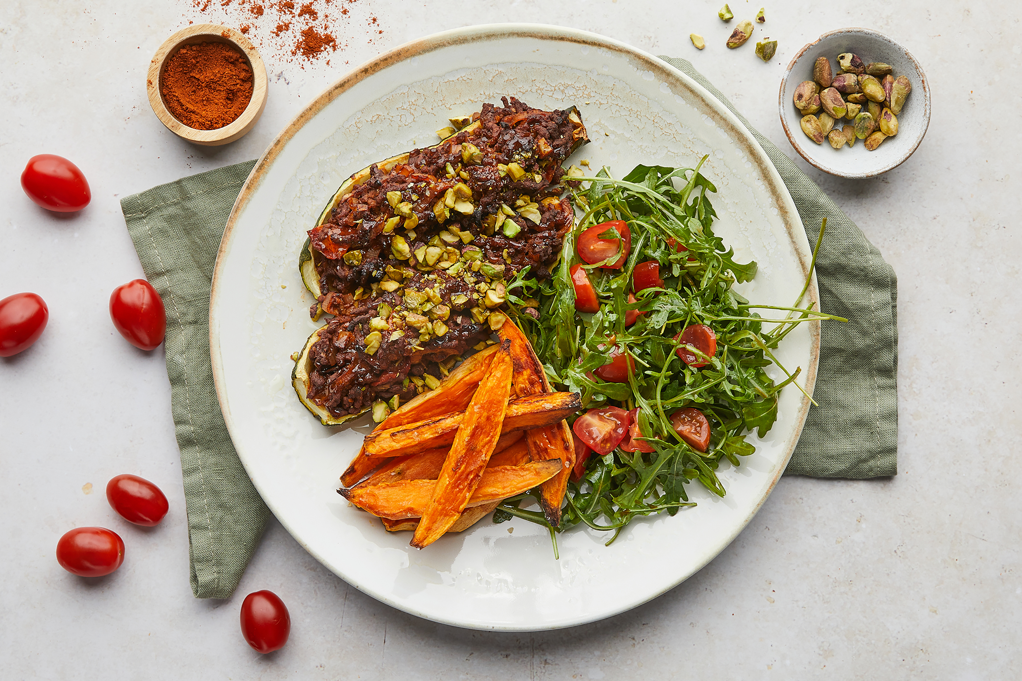 Stuffed Courgettes with Spiced Mince & Rocket