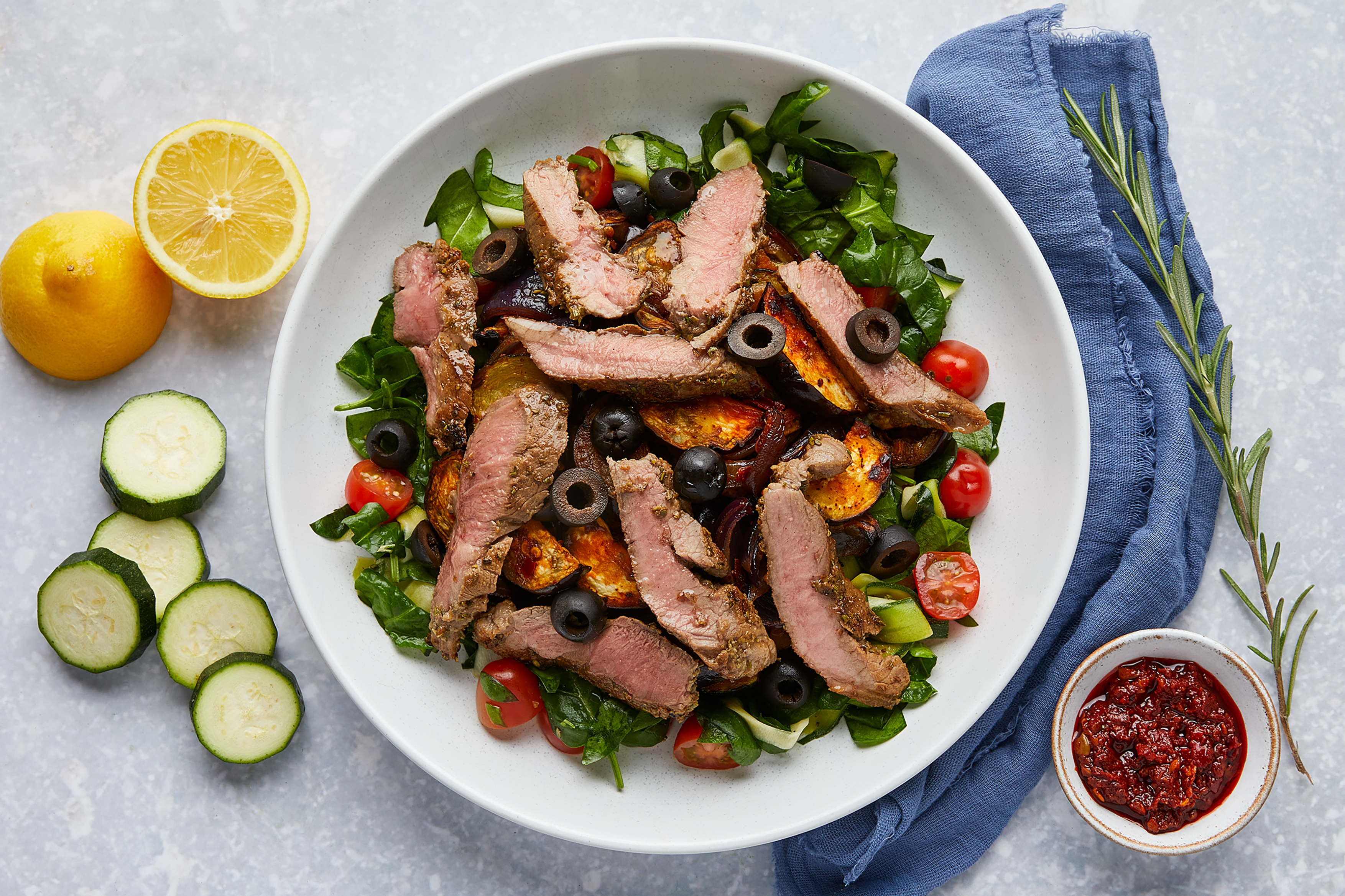 Juicy Rosemary Lamb with Harissa Aubergine Salad