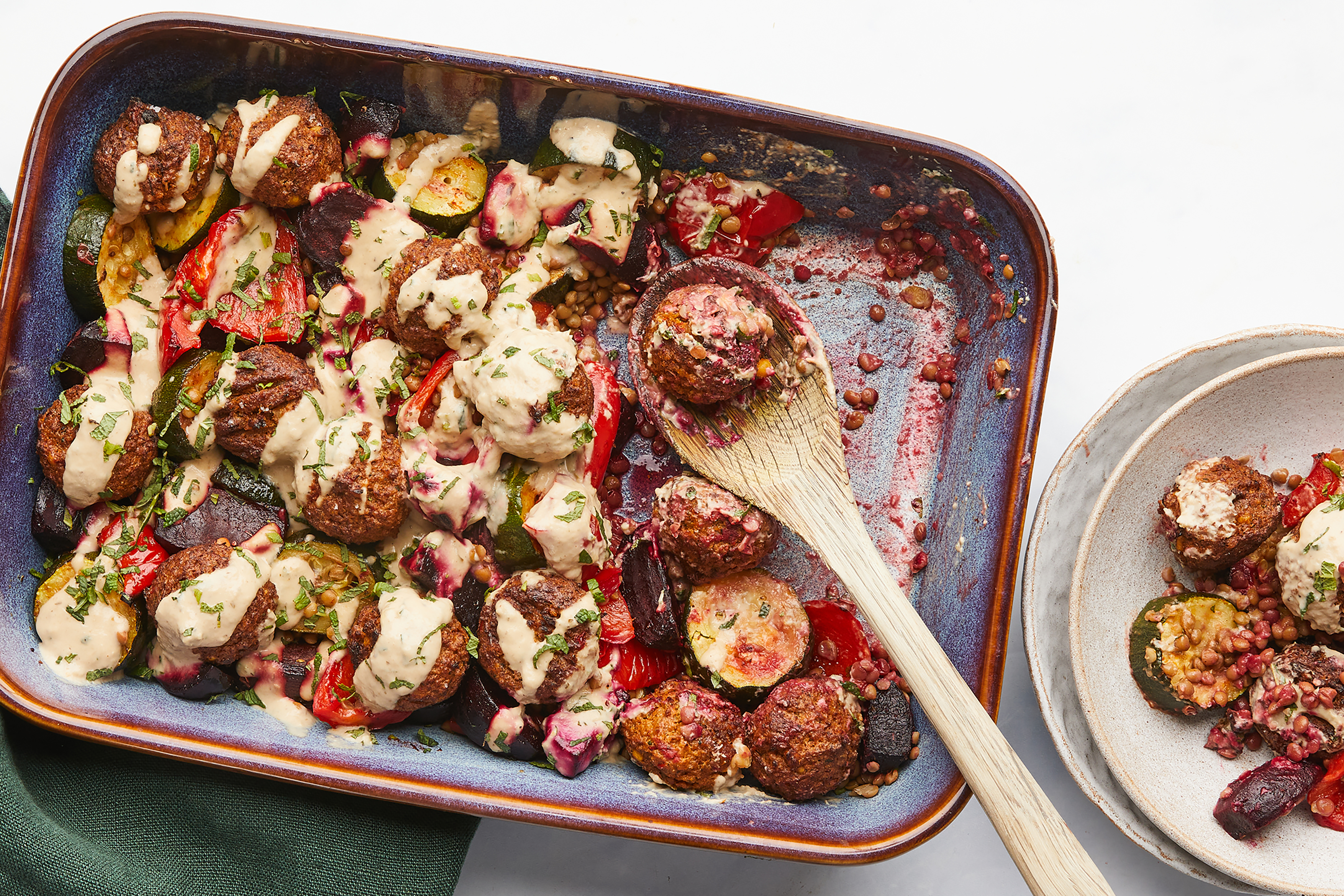 Gosh! Falafel Traybake with Baba Ganoush Dressing