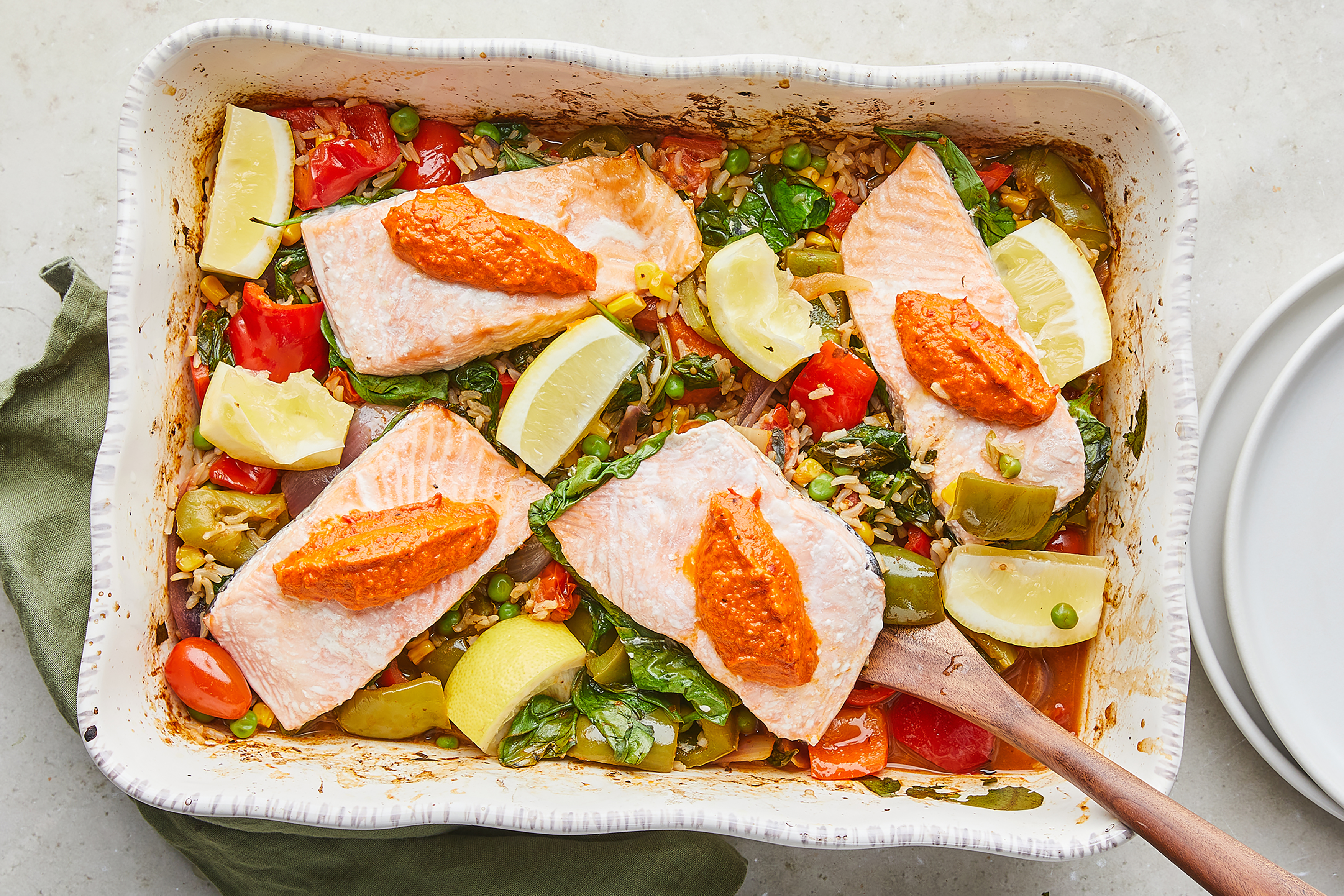 Mediterranean-style Rice & Salmon Traybake
