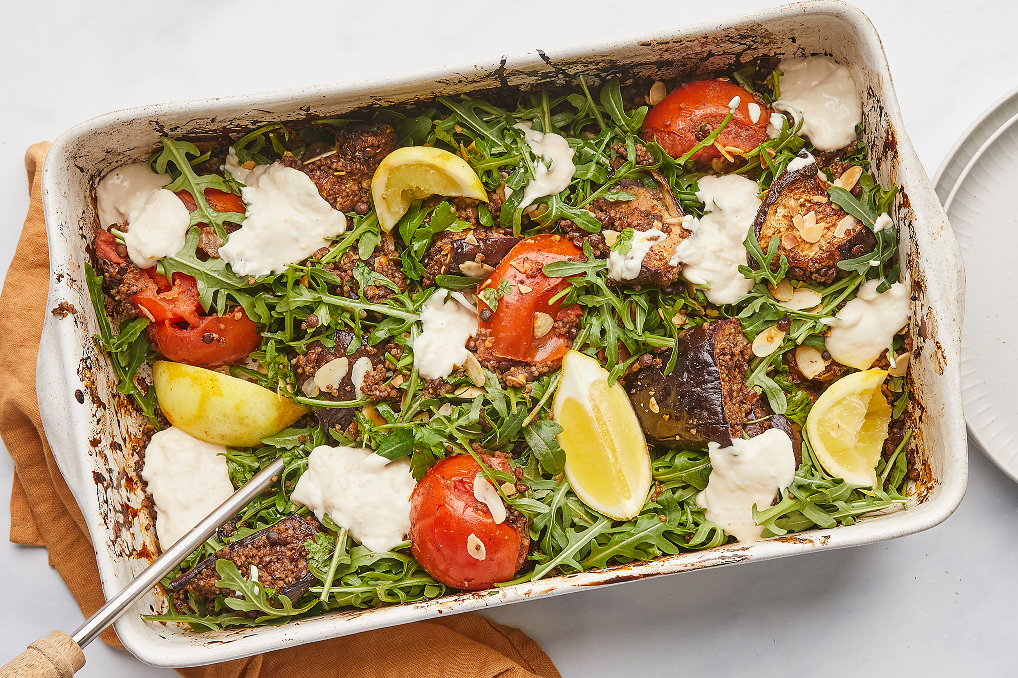 Aubergine Traybake with Tahini Dressing