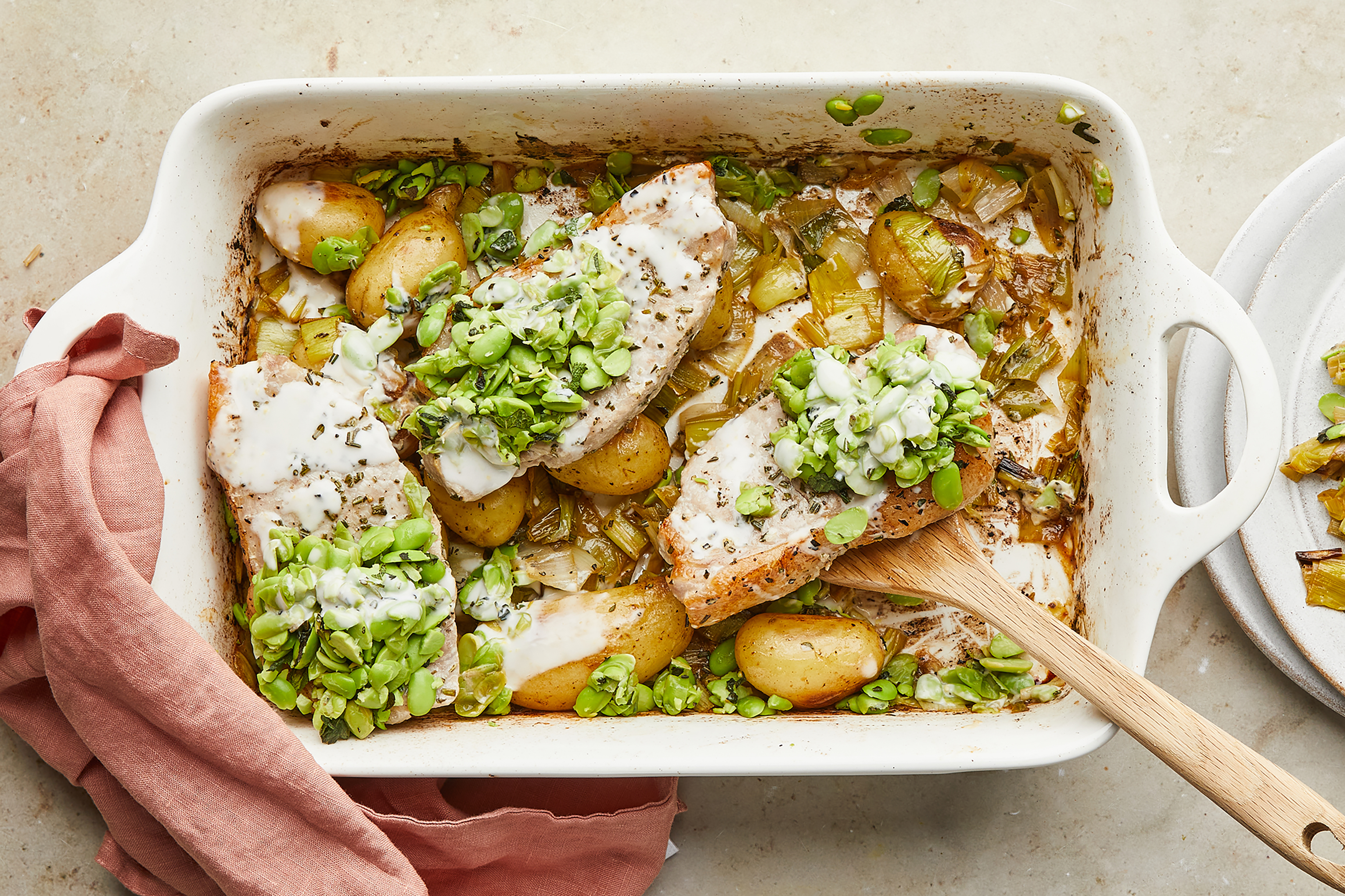 Pork Loin Traybake with Minted Edamame