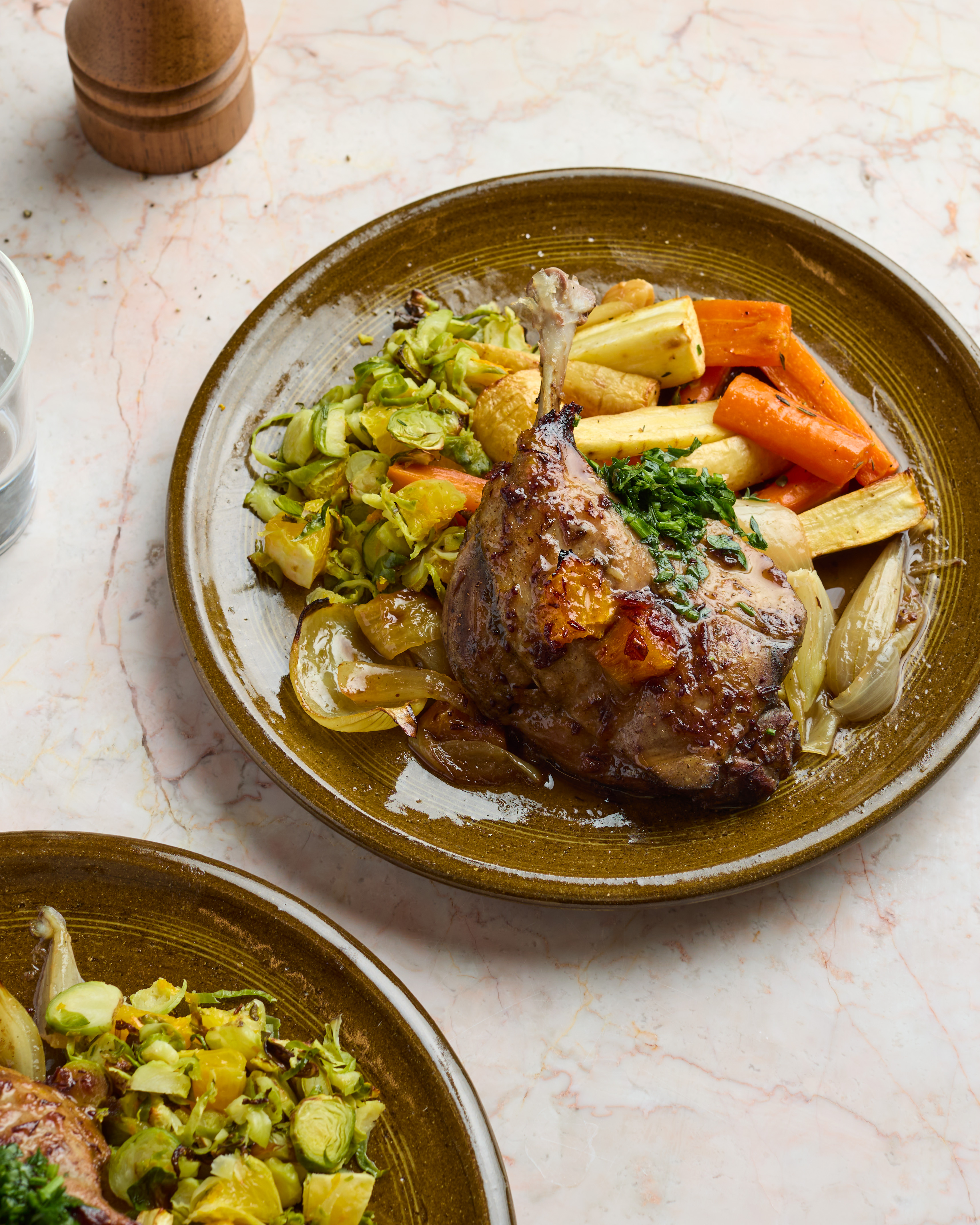 Cranberry & Orange Glazed Duck Confit with Thyme Roasted Carrots, Parsnips & Sprouts & Zesty Gremolata 