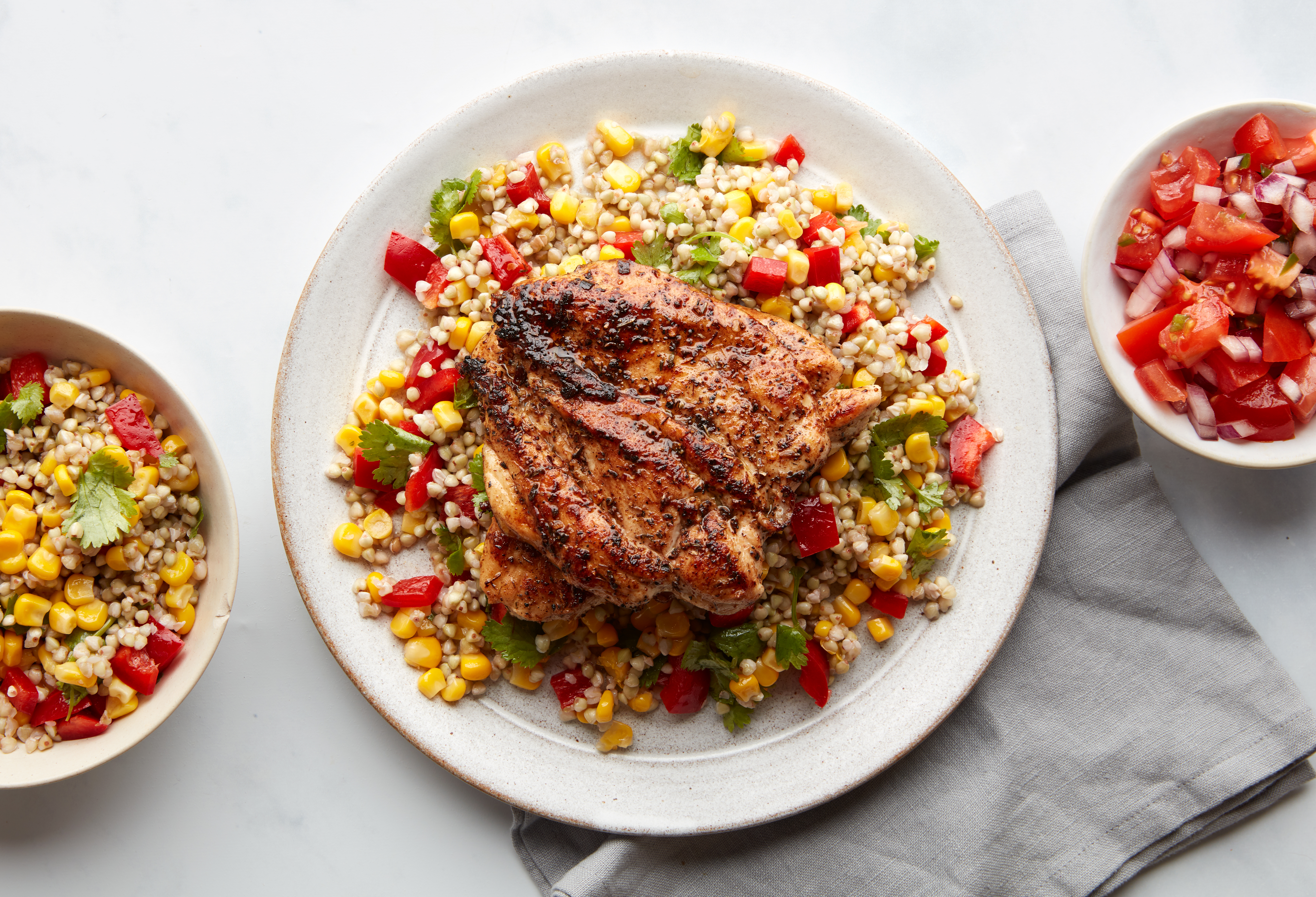 Jerk Chicken, Tomato Salsa & Sweetcorn Buckwheat