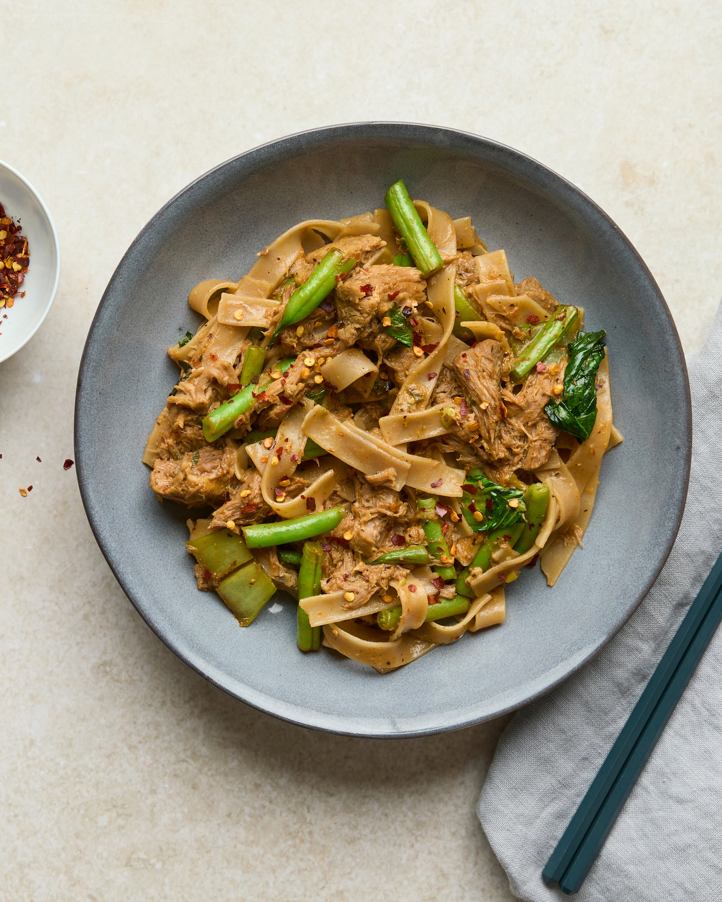 Black Bean Pork Stir-fry with Brown Rice Noodles & Pak Choi