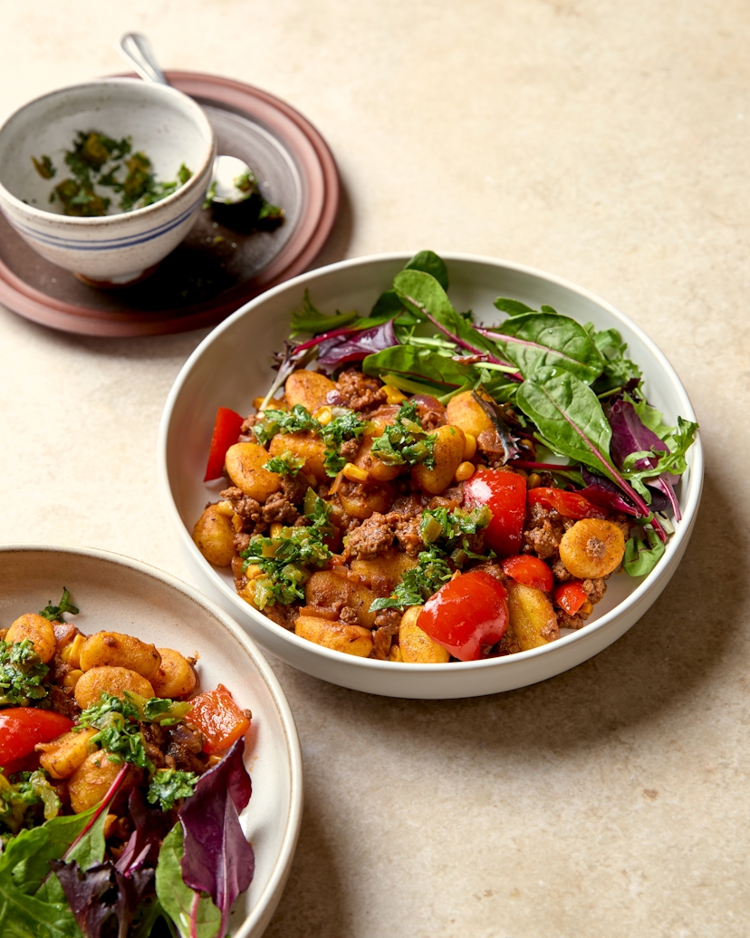 Two of your favourite things... in one delicious dish! A saucy chilli con carne, simmered with juicy British beef and pops of sweetcorn, tossed through fluffy gnocchi. Heat things up with a jalapeño and coriander salsa for an extra kick!