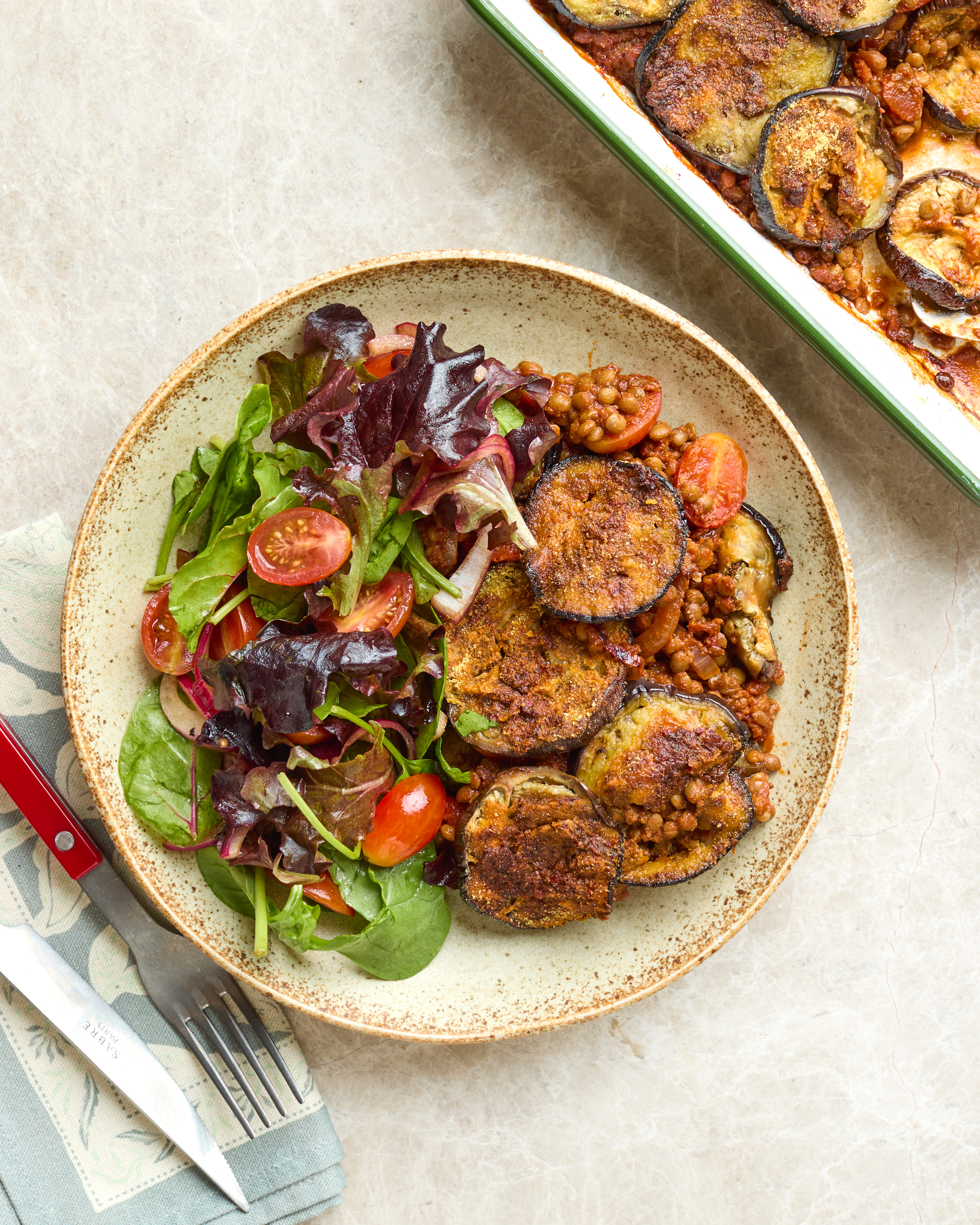 Red Pesto Aubergine Bake with Tomatoes & Avocado Salad