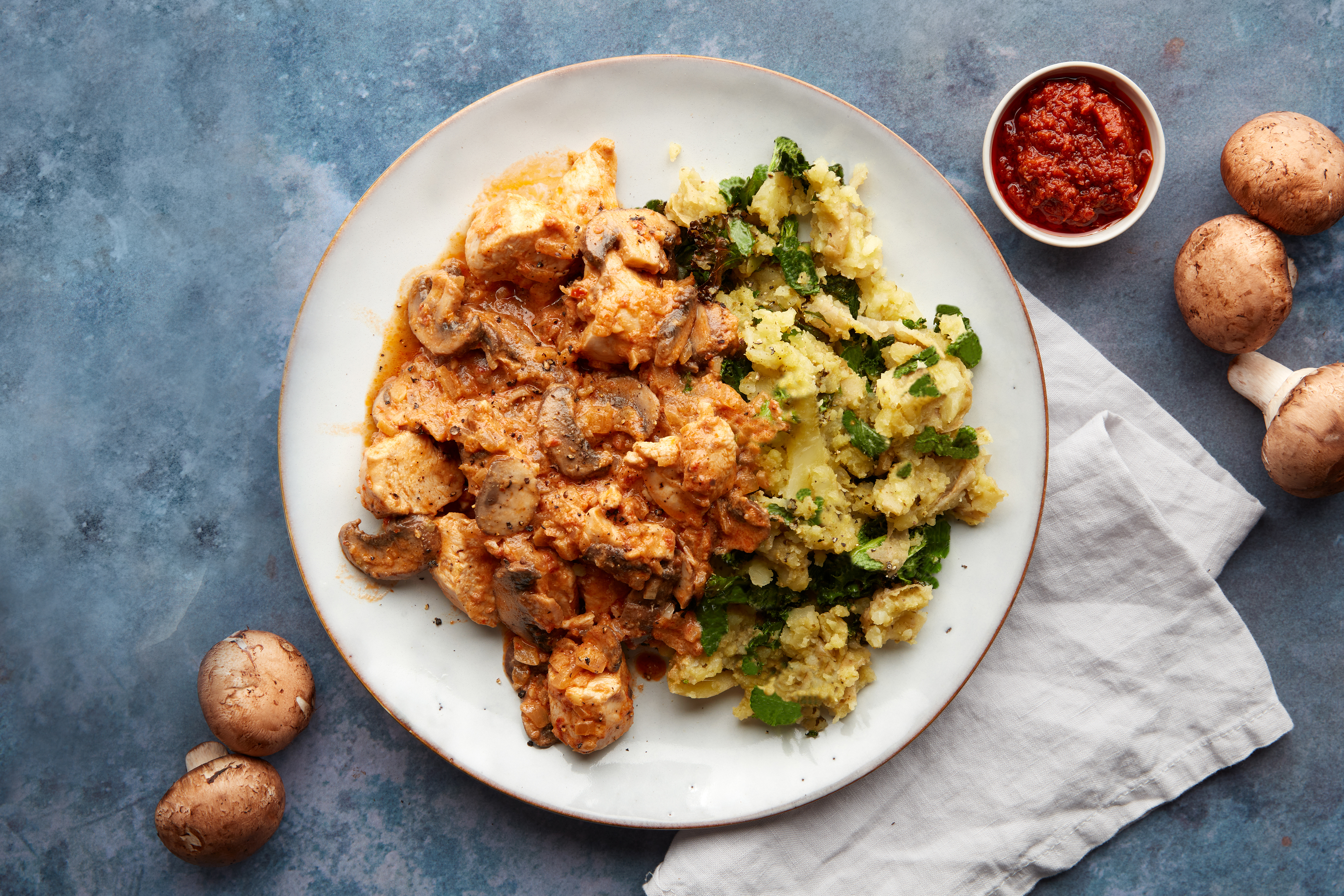 Chicken & mushroom stroganoff with pesto mash