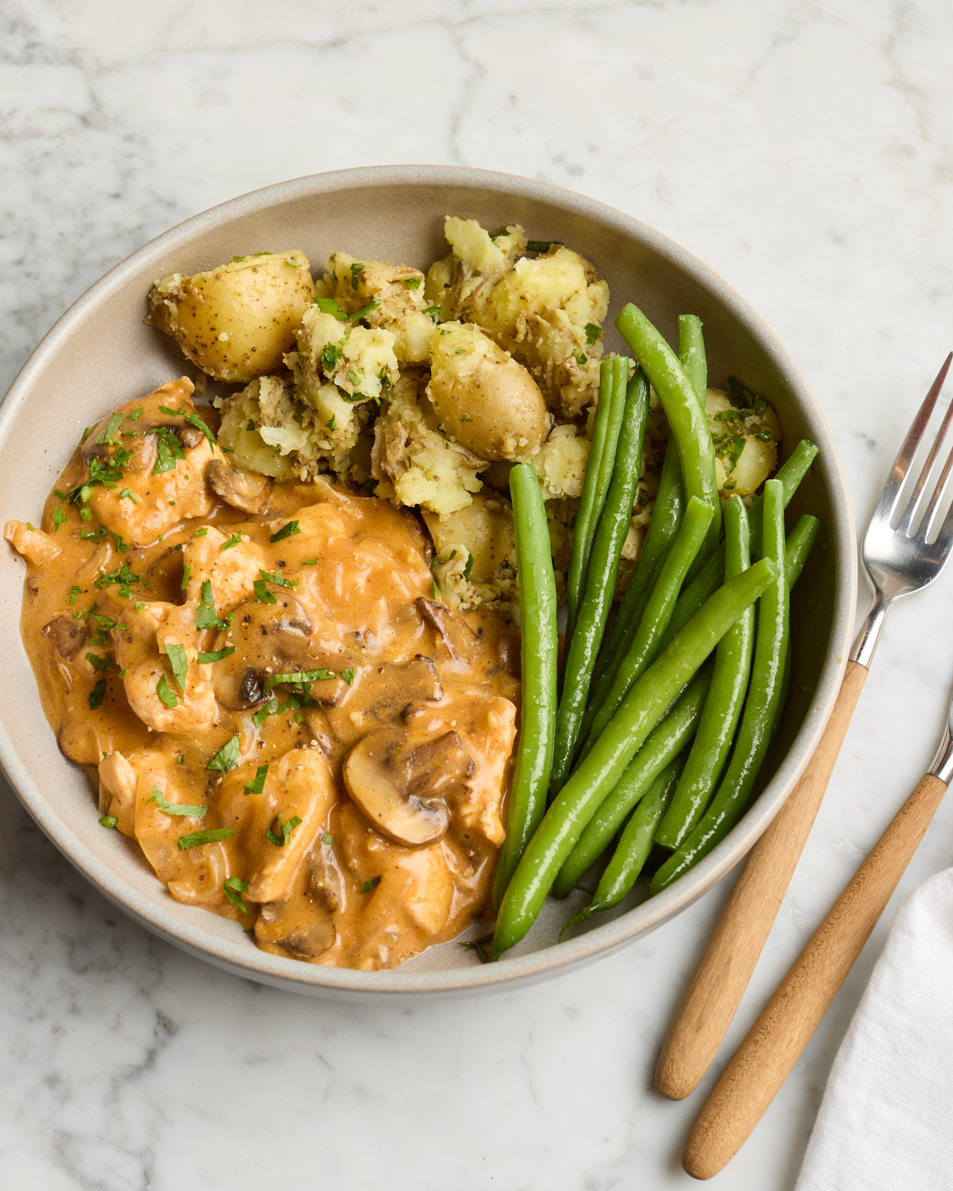 Chicken & mushroom stroganoff with pesto mash