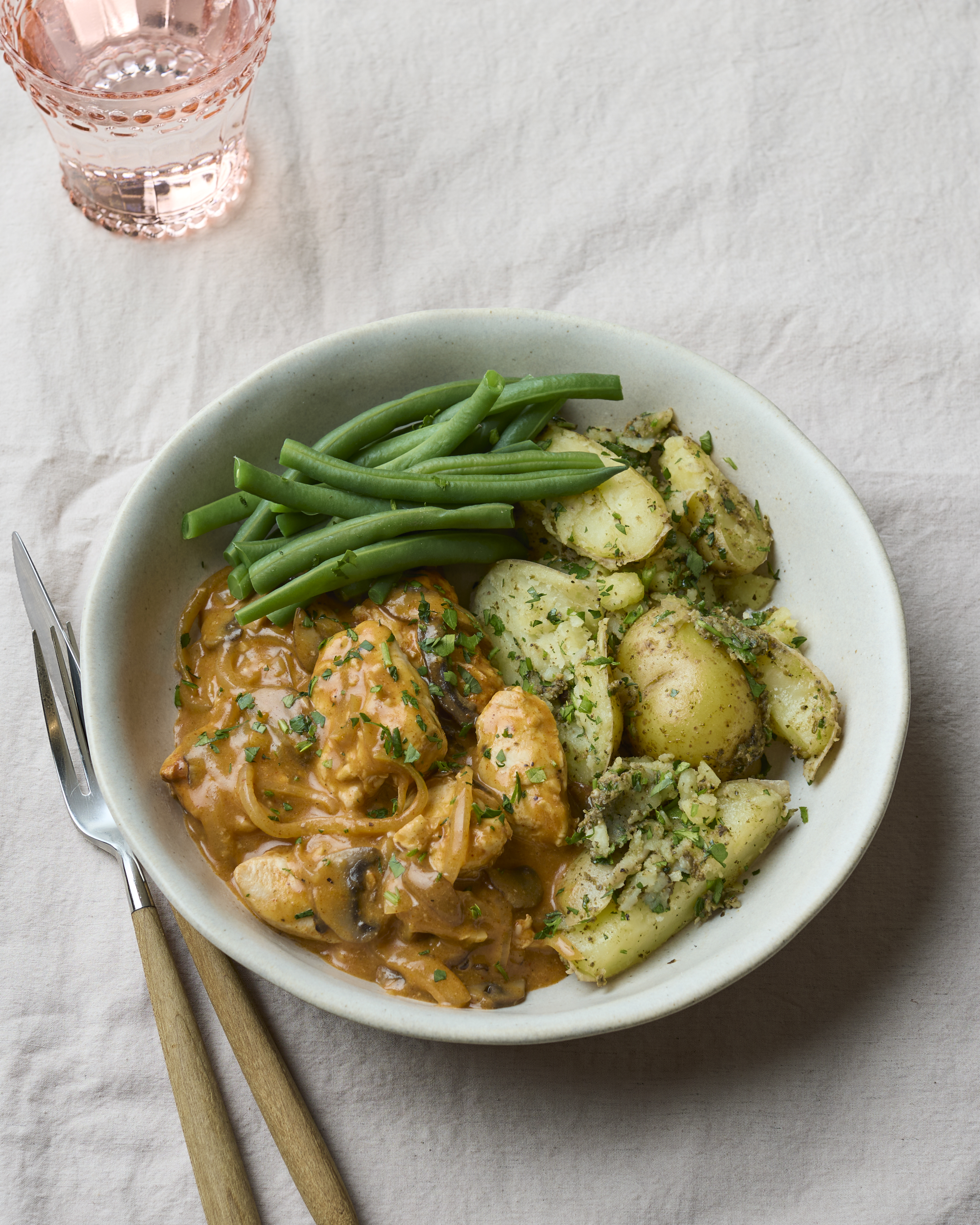 Chicken & mushroom stroganoff with pesto crushed potatoes 