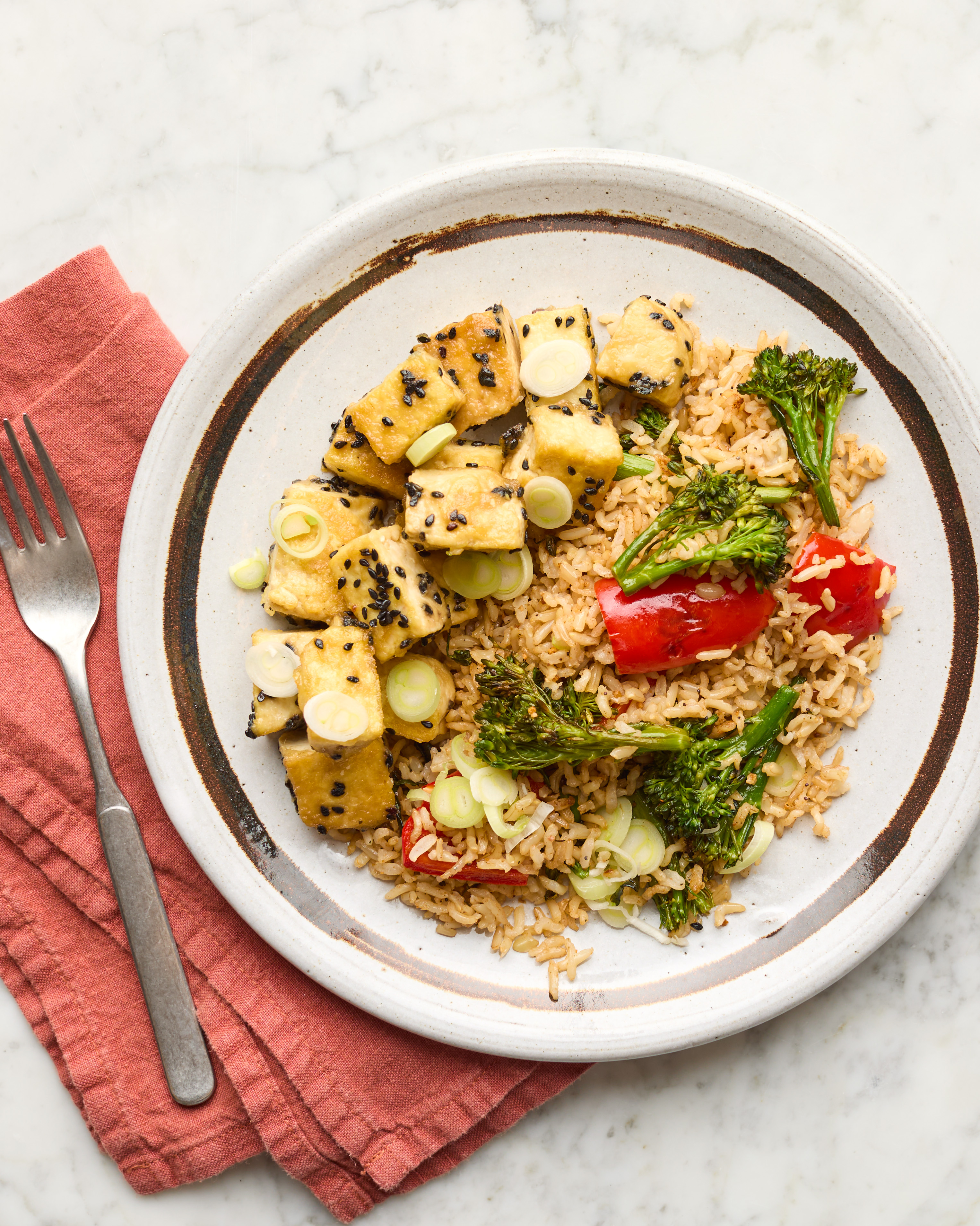 Lemon & Sesame Vegan Tofu with Rainbow Veg Fried Rice & Spring Onion
