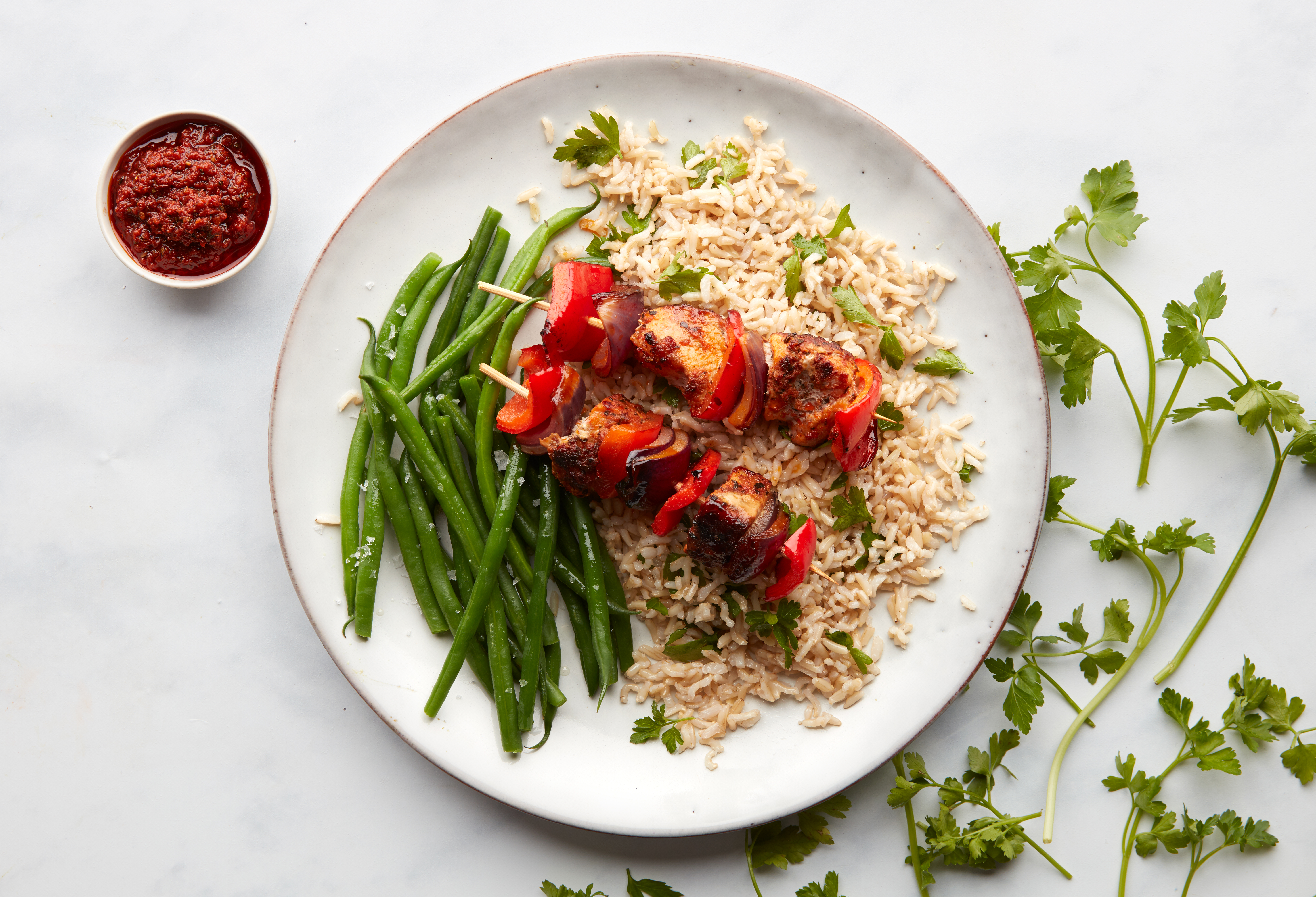 Smoky Pork Kebabs, Parsley Rice & Green Beans